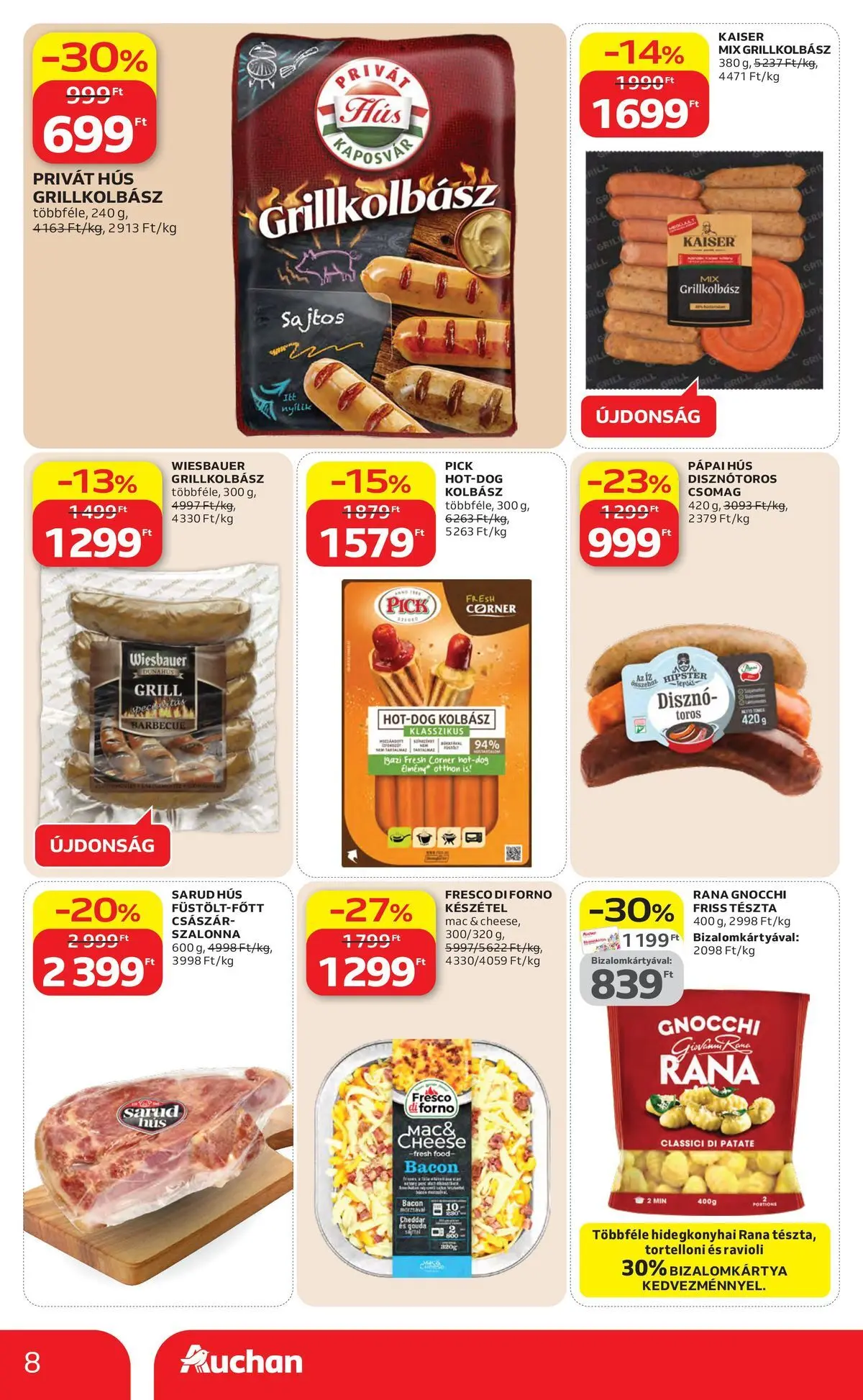 Auchan akciós újság Szolnok - 2026.04.23. -tól/töl > akció, lapozható szórólap 🛍️ | Oldal: 8 | Termékek: Bacon, Gnocchi, Cheddar, Készétel