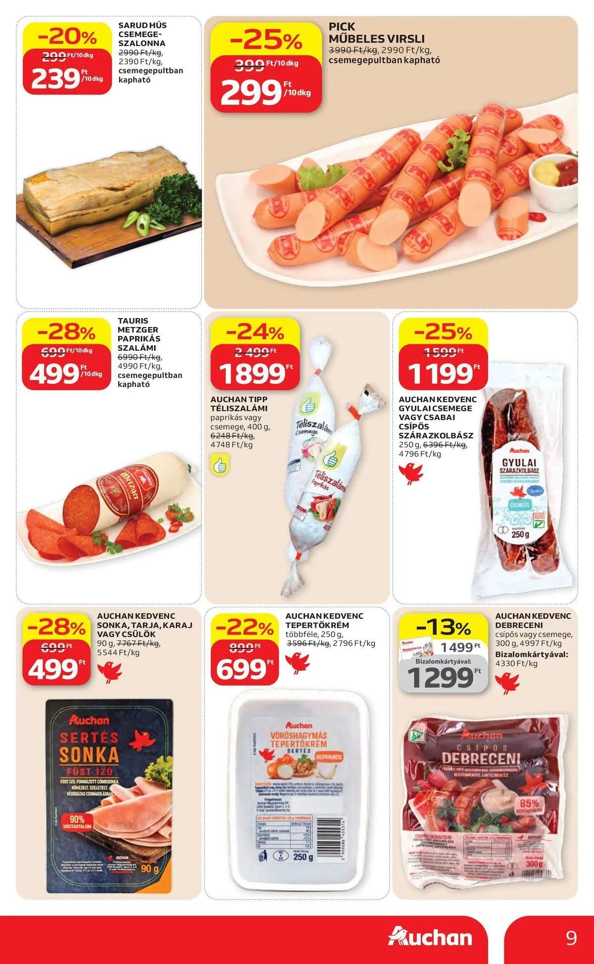 Auchan akciós újság Szolnok - 2026.04.23. -tól/töl > akció, lapozható szórólap 🛍️ | Oldal: 9 | Termékek: Virsli, Debreceni, Pick, Sonka