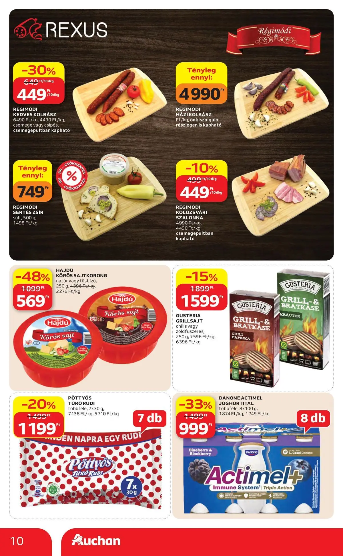 Auchan akciós újság Szolnok - 2026.04.23. -tól/töl > akció, lapozható szórólap 🛍️ | Oldal: 10 | Termékek: Kolbász, Actimel, Sajt, Szalonna