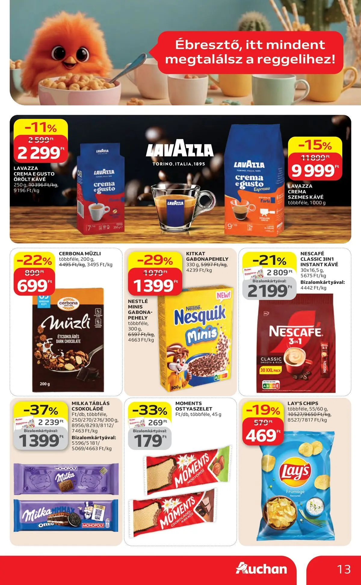 Auchan akciós újság Szolnok - 2026.04.23. -tól/töl > akció, lapozható szórólap 🛍️ | Oldal: 13 | Termékek: Chips, Csokoládé, Pehely, Instant kávé