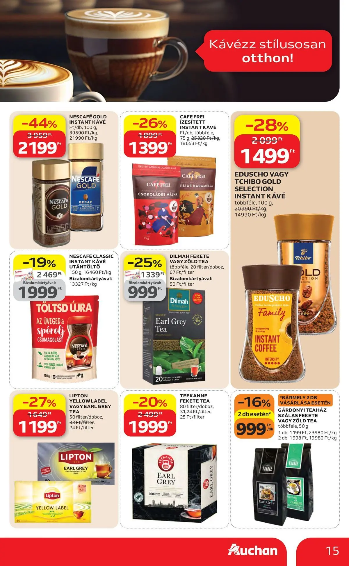 Auchan akciós újság Szolnok - 2026.04.23. -tól/töl > akció, lapozható szórólap 🛍️ | Oldal: 15 | Termékek: Nescafé, Málna, Kávé, Tea