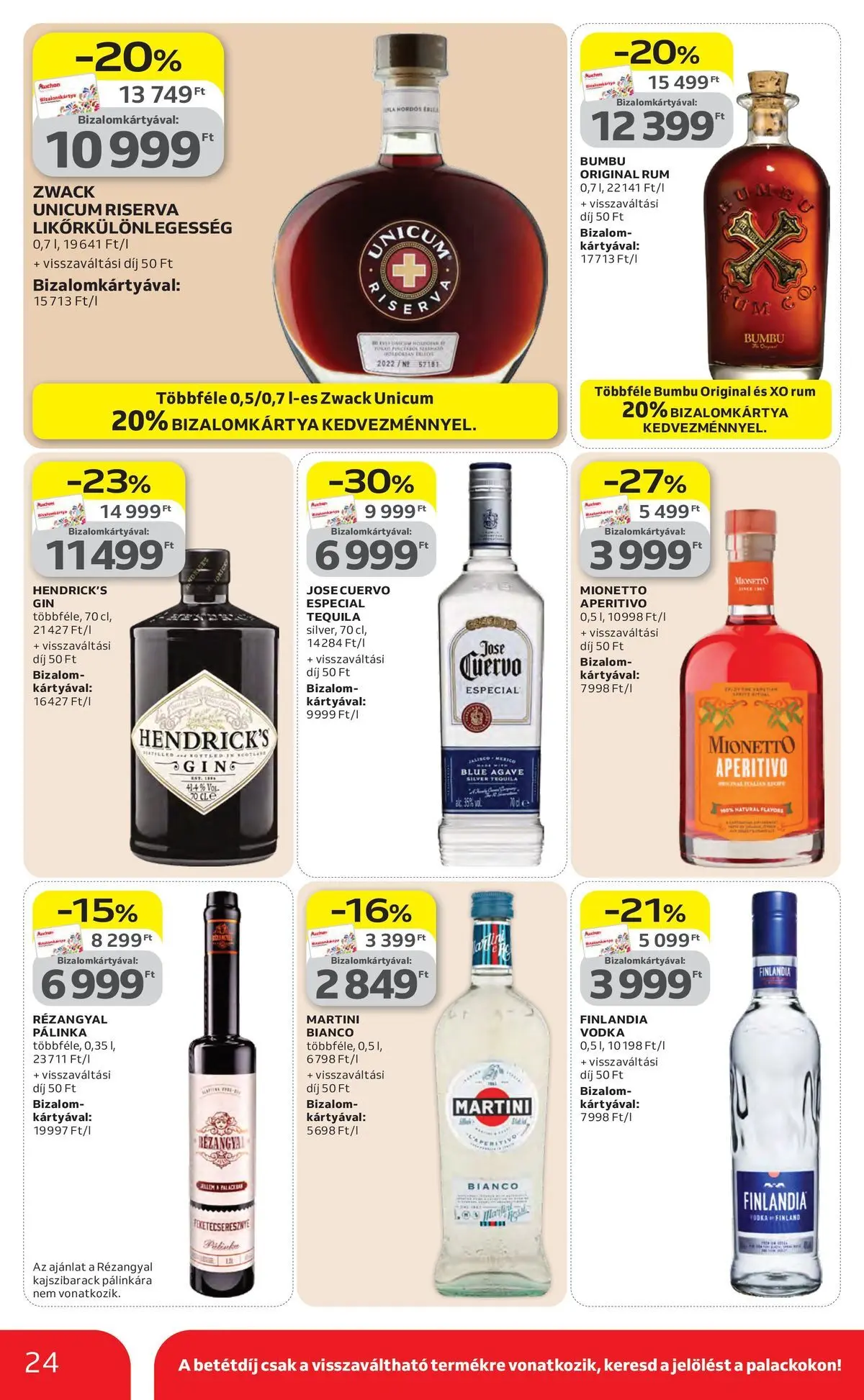 Auchan akciós újság Szolnok - 2026.04.23. -tól/töl > akció, lapozható szórólap 🛍️ | Oldal: 24 | Termékek: Pálinka, Unicum riserva, Tequila, Vodka