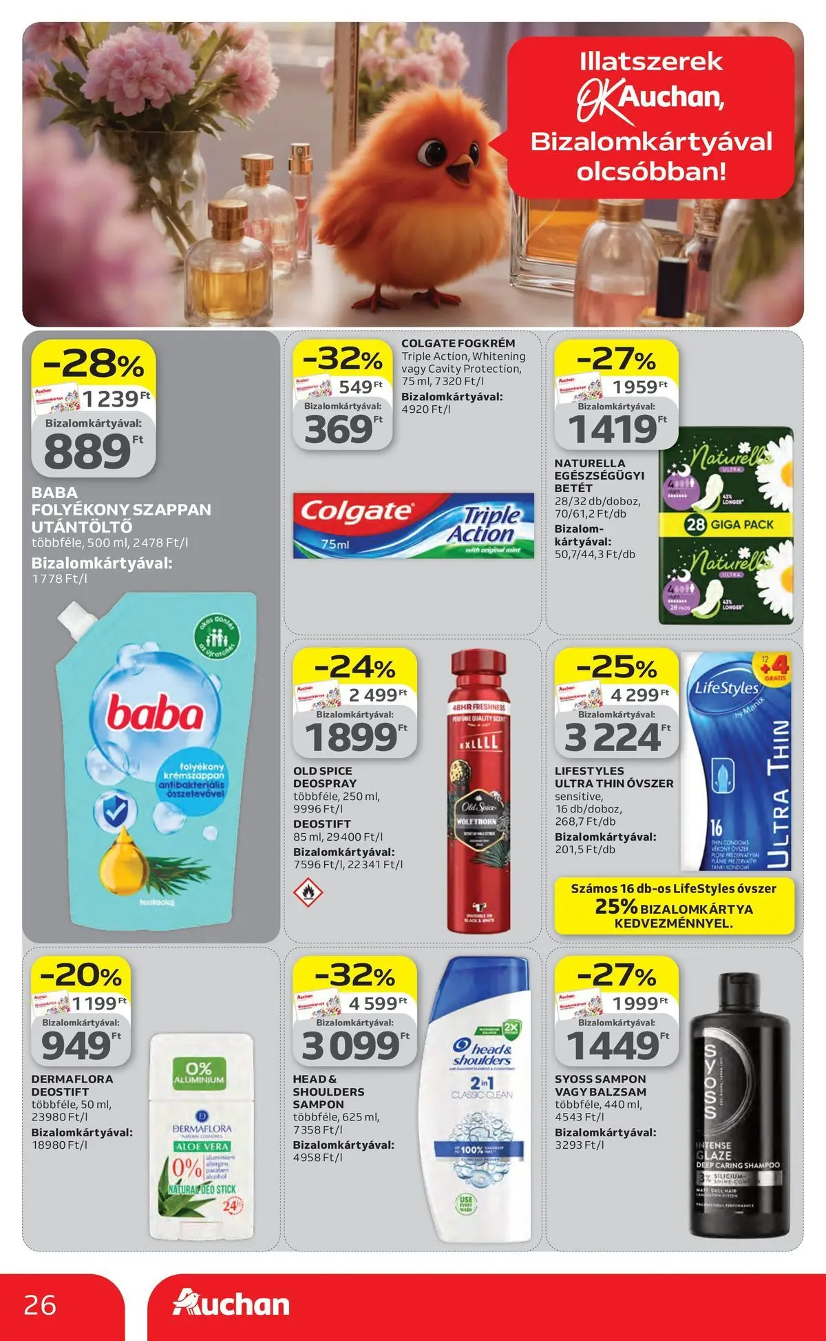 Auchan akciós újság Szolnok - 2026.04.23. -tól/töl > akció, lapozható szórólap 🛍️ | Oldal: 26 | Termékek: Old spice, Folyékony szappan, Óvszer, Szappan