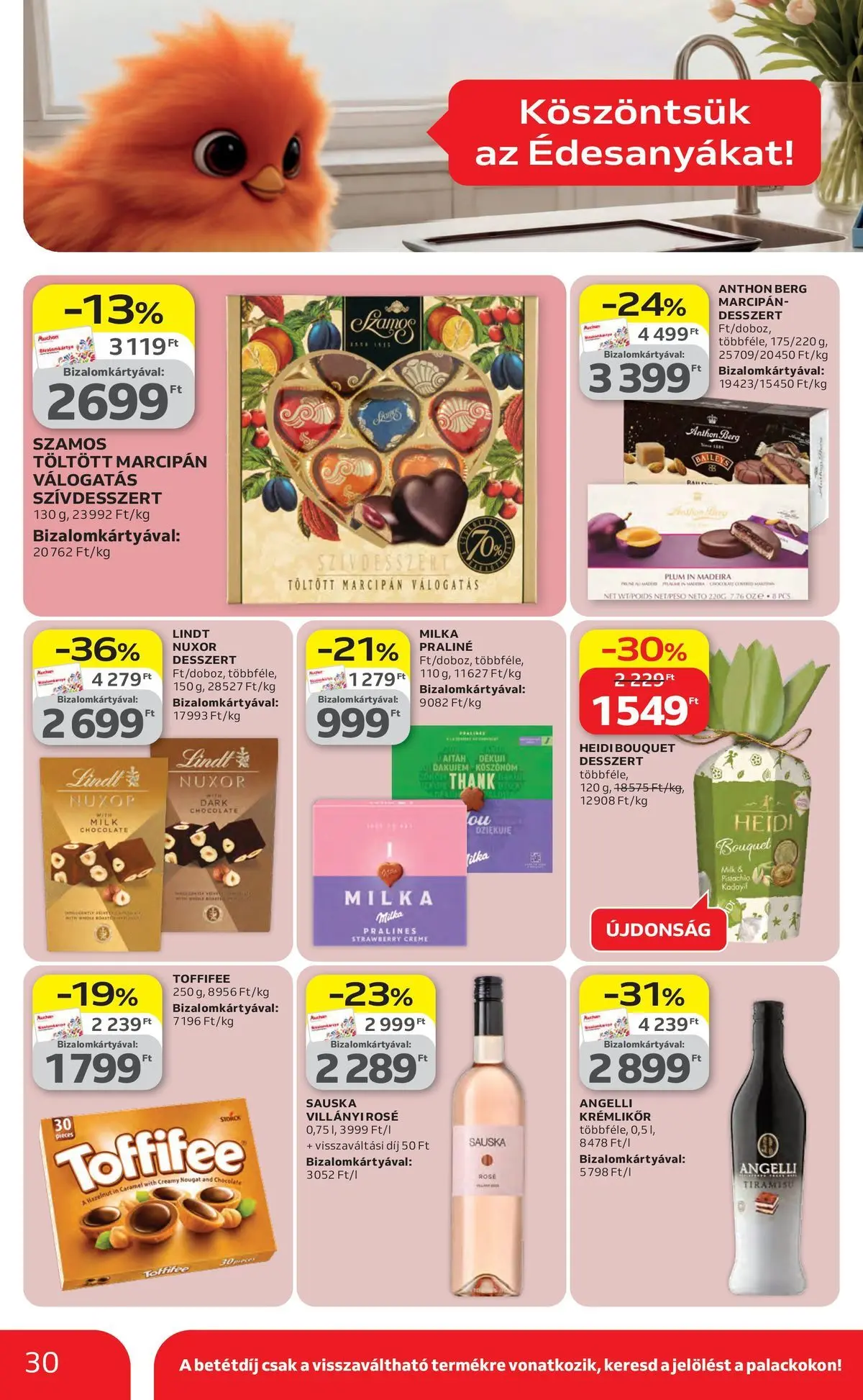 Auchan akciós újság Szolnok - 2026.04.23. -tól/töl > akció, lapozható szórólap 🛍️ | Oldal: 30 | Termékek: Tiramisu, Krémlikőr, Marcipan, Praliné