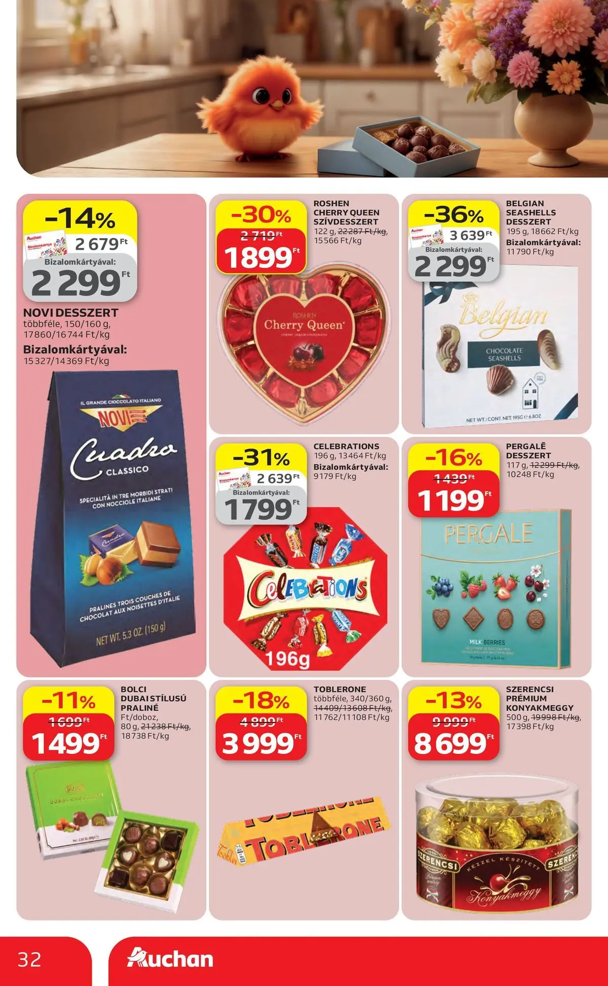 Auchan akciós újság Szolnok - 2026.04.23. -tól/töl > akció, lapozható szórólap 🛍️ | Oldal: 32 | Termékek: Praliné