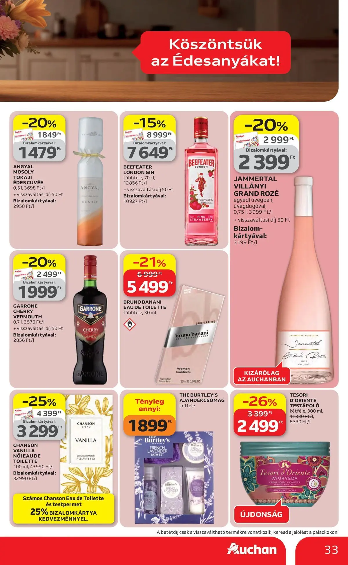 Auchan akciós újság Szolnok - 2026.04.23. -tól/töl > akció, lapozható szórólap 🛍️ | Oldal: 33 | Termékek: Testpermet, Testápoló, Gin