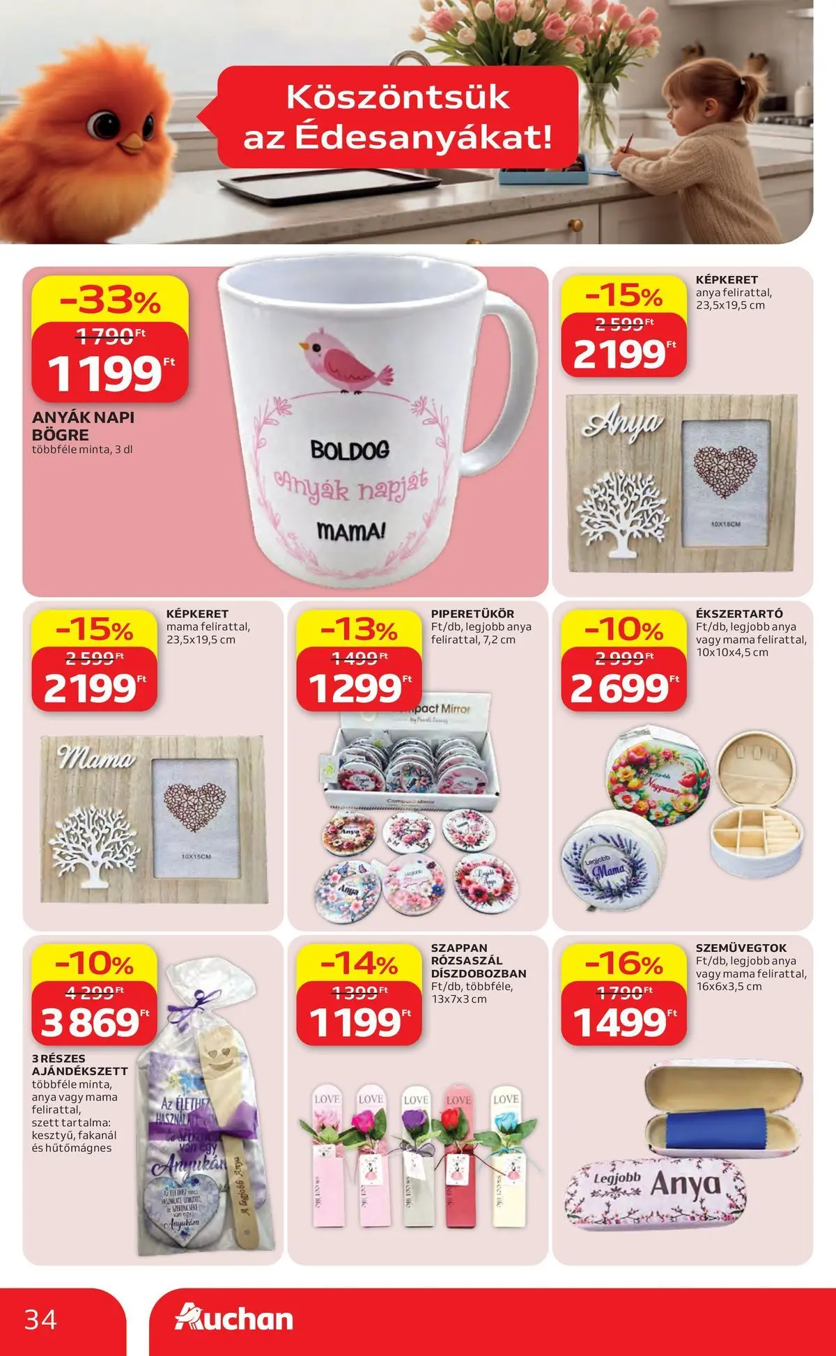 Auchan akciós újság Szolnok - 2026.04.23. -tól/töl > akció, lapozható szórólap 🛍️ | Oldal: 34 | Termékek: Bögre, Képkeret, Szappan