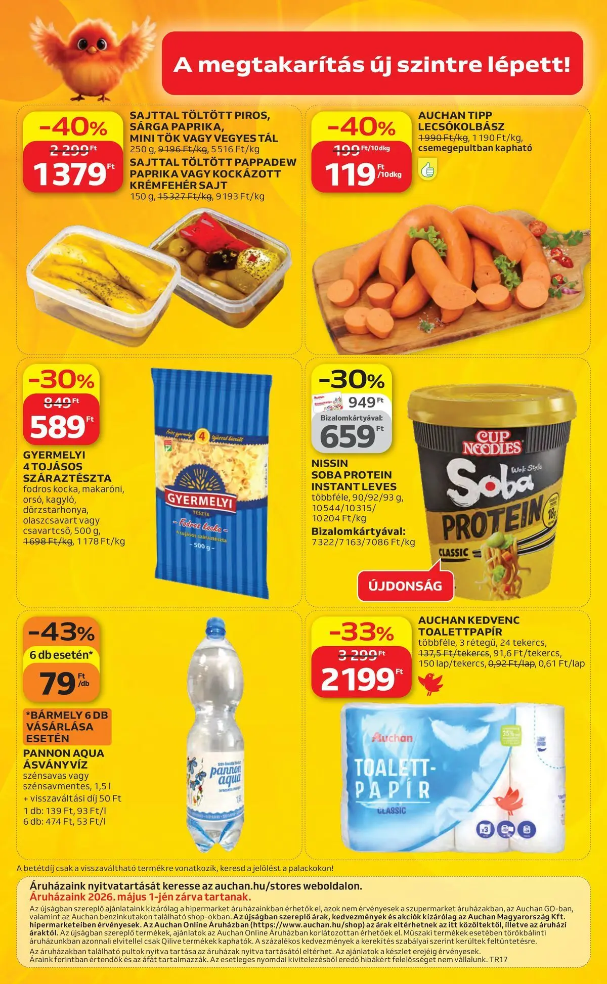 Auchan akciós újság Szolnok - 2026.04.23. -tól/töl > akció, lapozható szórólap 🛍️ | Oldal: 40 | Termékek: Sajt, Ásványvíz, Lecsókolbász, Száraztészta