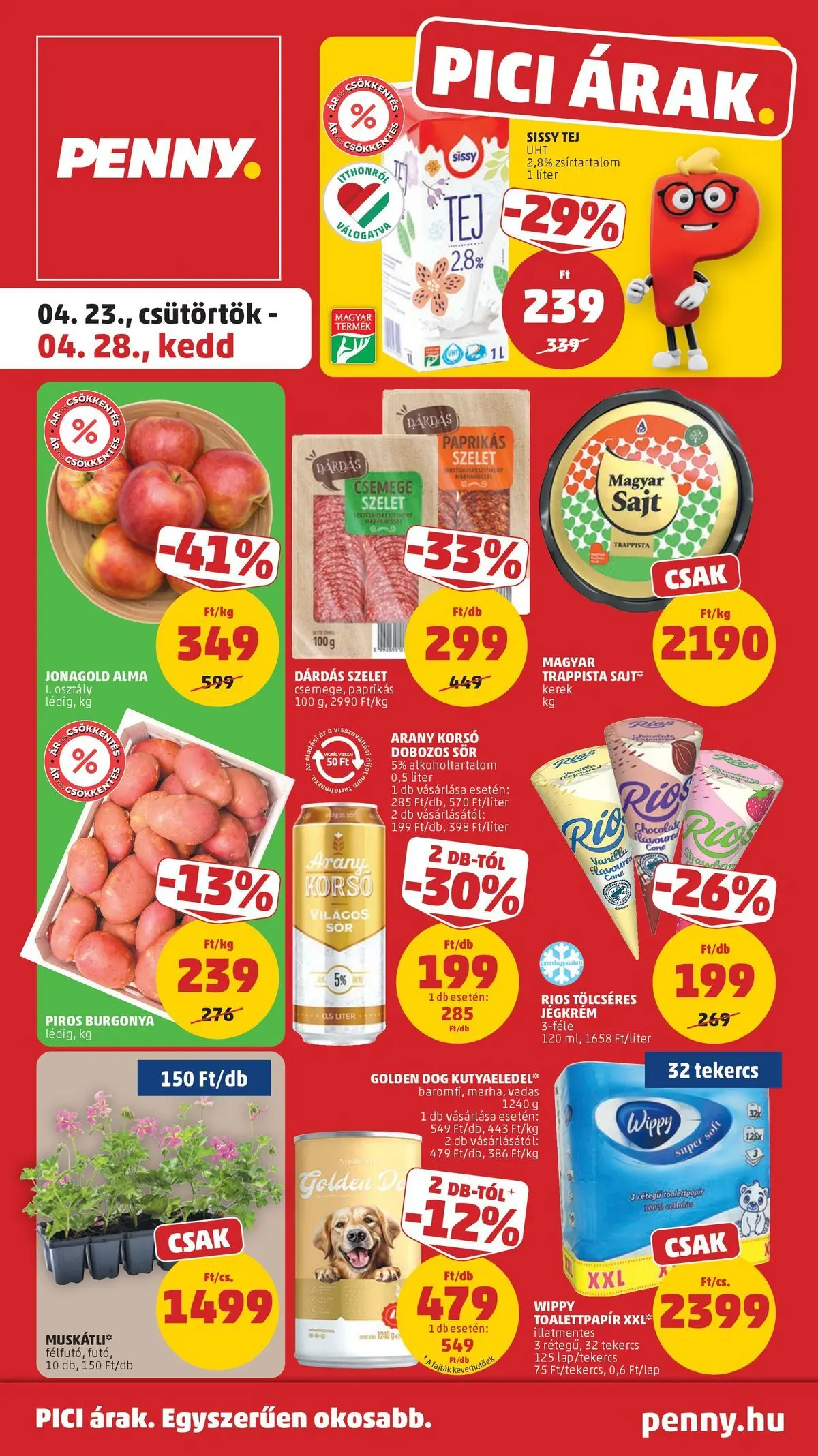 Penny aktuális akciós újság: 2026.04.23.-tól lapozható | Oldal: 1 | Termékek: Burgonya, Tej, Dobozos sör, Sör