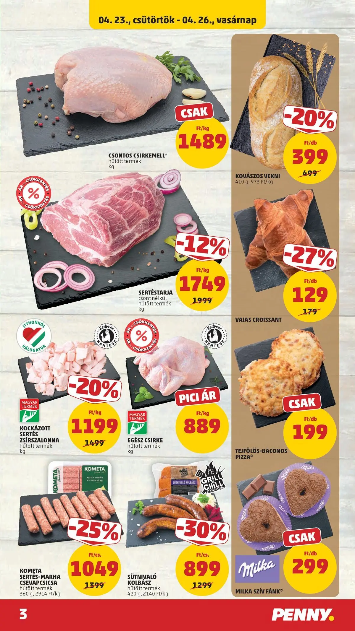 Penny aktuális akciós újság: 2026.04.23.-tól lapozható | Oldal: 3 | Termékek: Sertéstarja, Kolbász, Fánk, Pizza