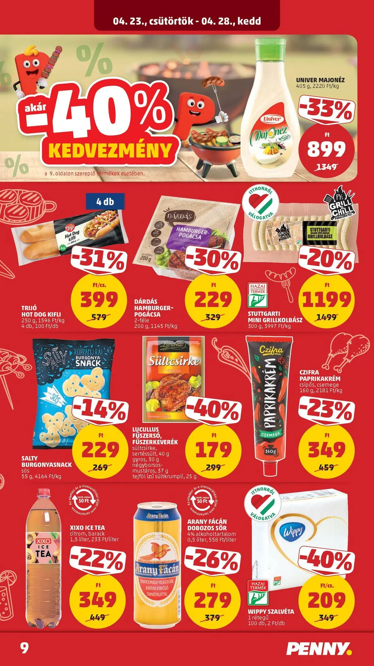 Penny aktuális akciós újság: 2026.04.23.-tól lapozható | Oldal: 9 | Termékek: Burgonya, Fűszerkeverék, Dobozos sör, Sör