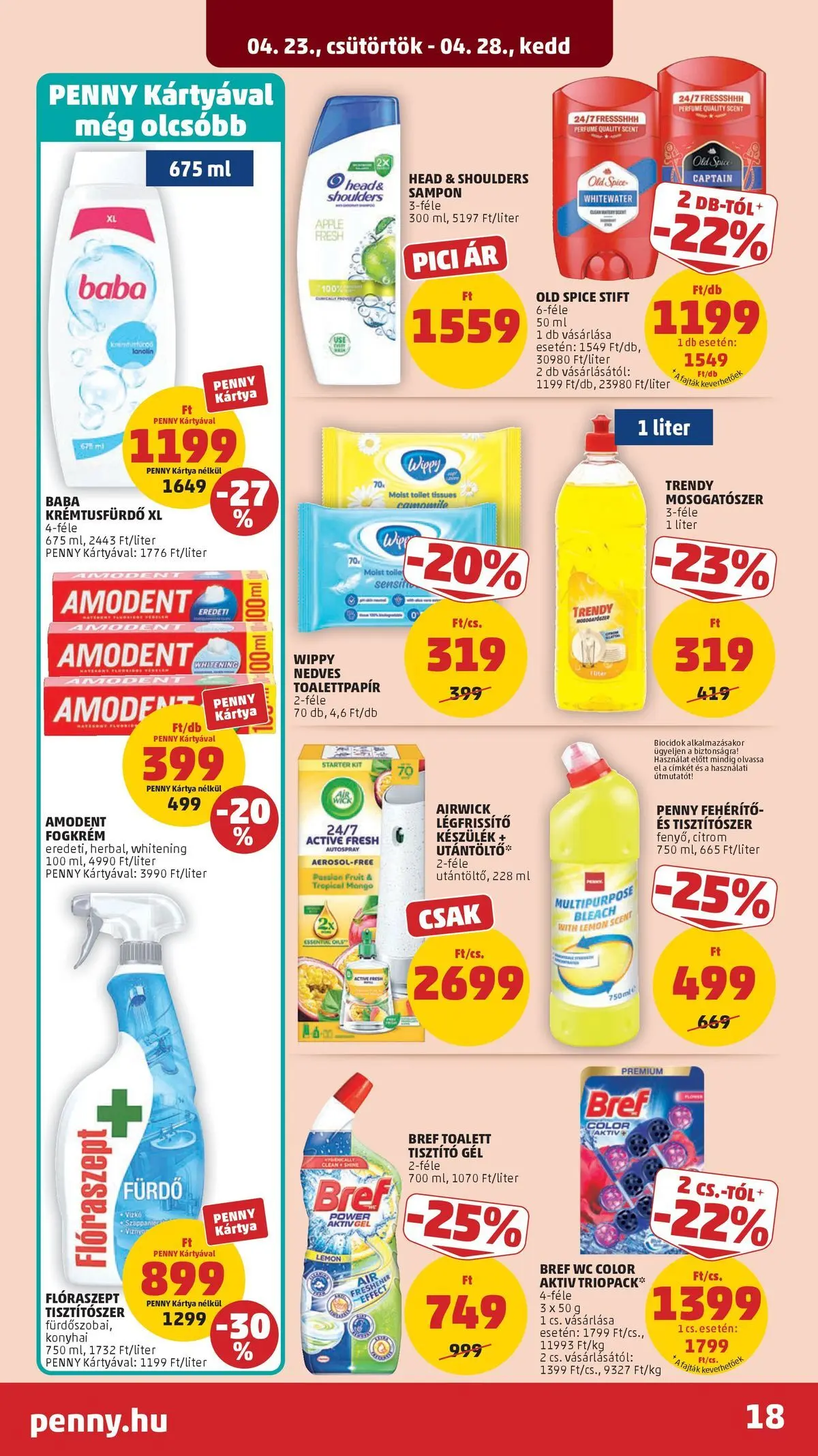 Penny aktuális akciós újság: 2026.04.23.-tól lapozható | Oldal: 18 | Termékek: Légfrissítő, Sampon, Mosogatószer, Mangó