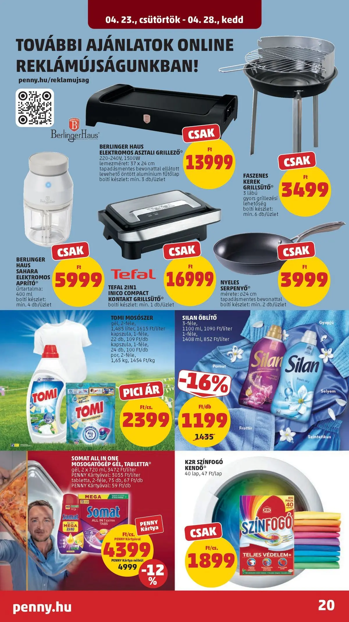 Penny aktuális akciós újság: 2026.04.23.-tól lapozható | Oldal: 20 | Termékek: Aprító, Mosogatógép, Grill, Mosószer