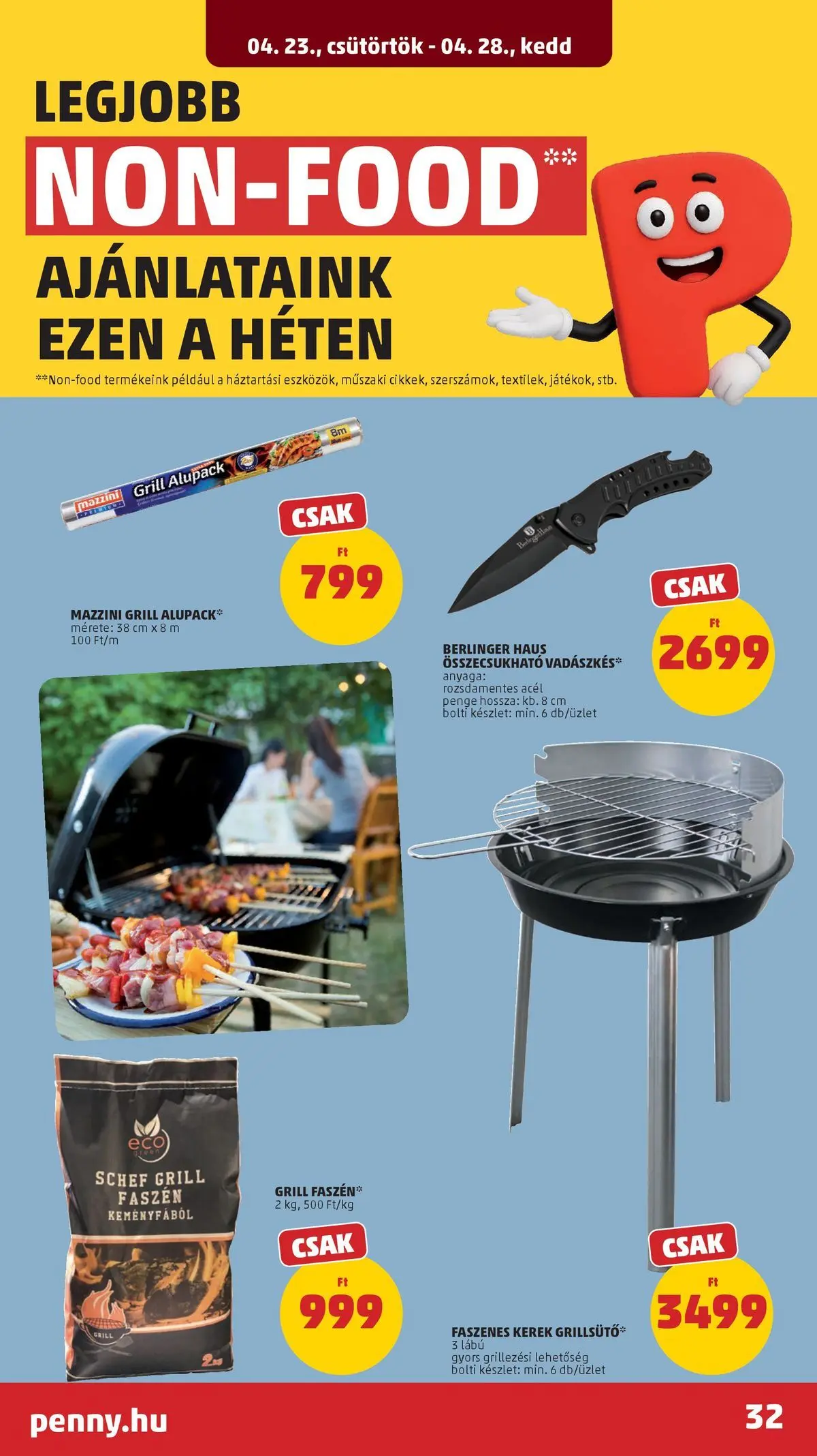 Penny aktuális akciós újság: 2026.04.23.-tól lapozható | Oldal: 32 | Termékek: Grillsütő, Grill
