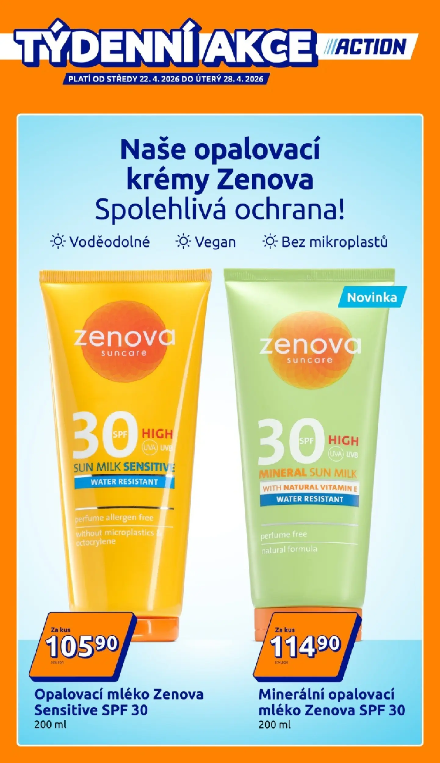 Action leták od 22.04.2026 - Akční leták online | Strana: 1 | Produkty: Vegan, Mléko, Opalovací krémy