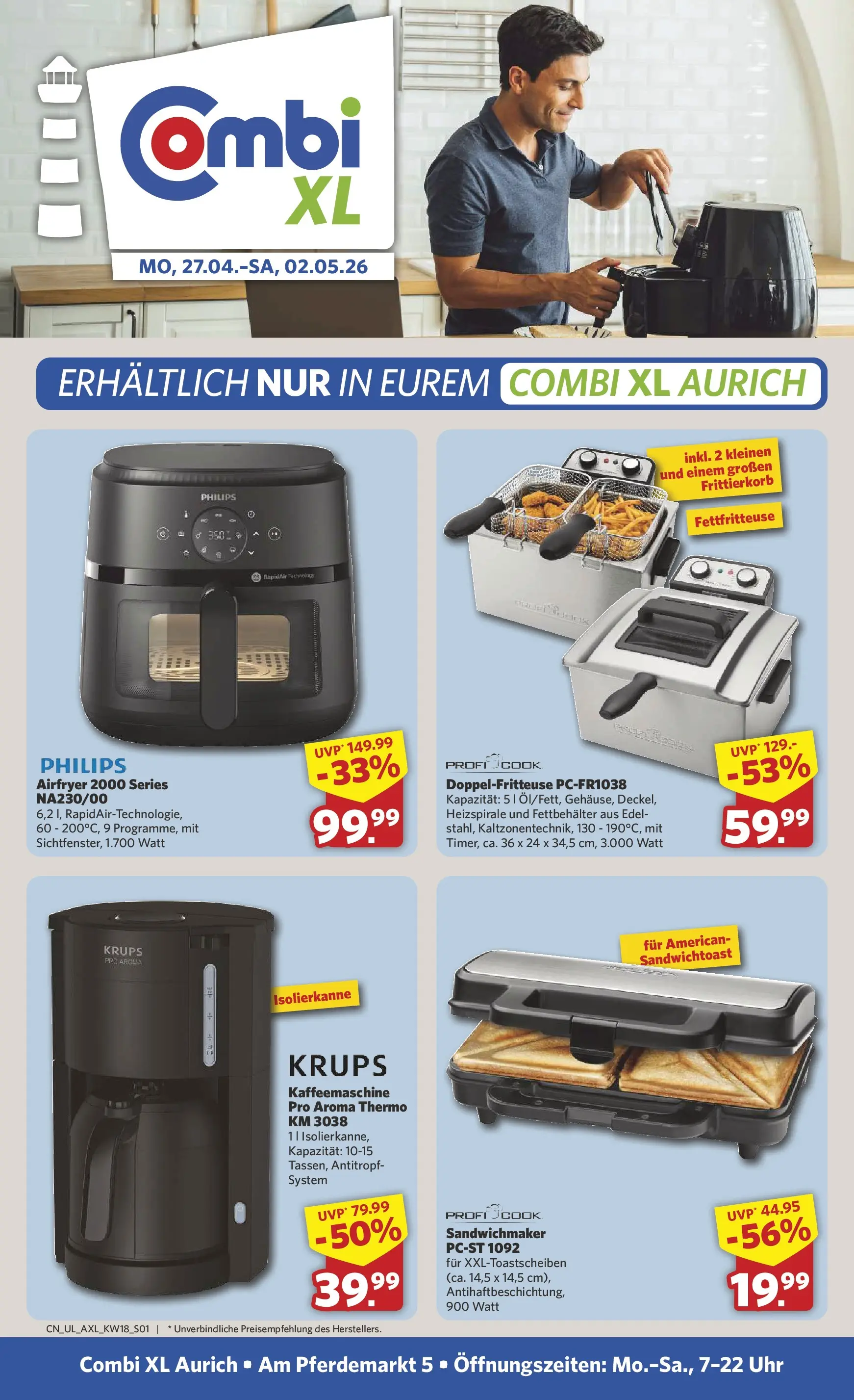 Combi Prospekt Aurich (ab 27.04.2026) zum Blättern | Seite: 1 | Produkte: Philips, Krups, Kaffeemaschine, Sandwichmaker