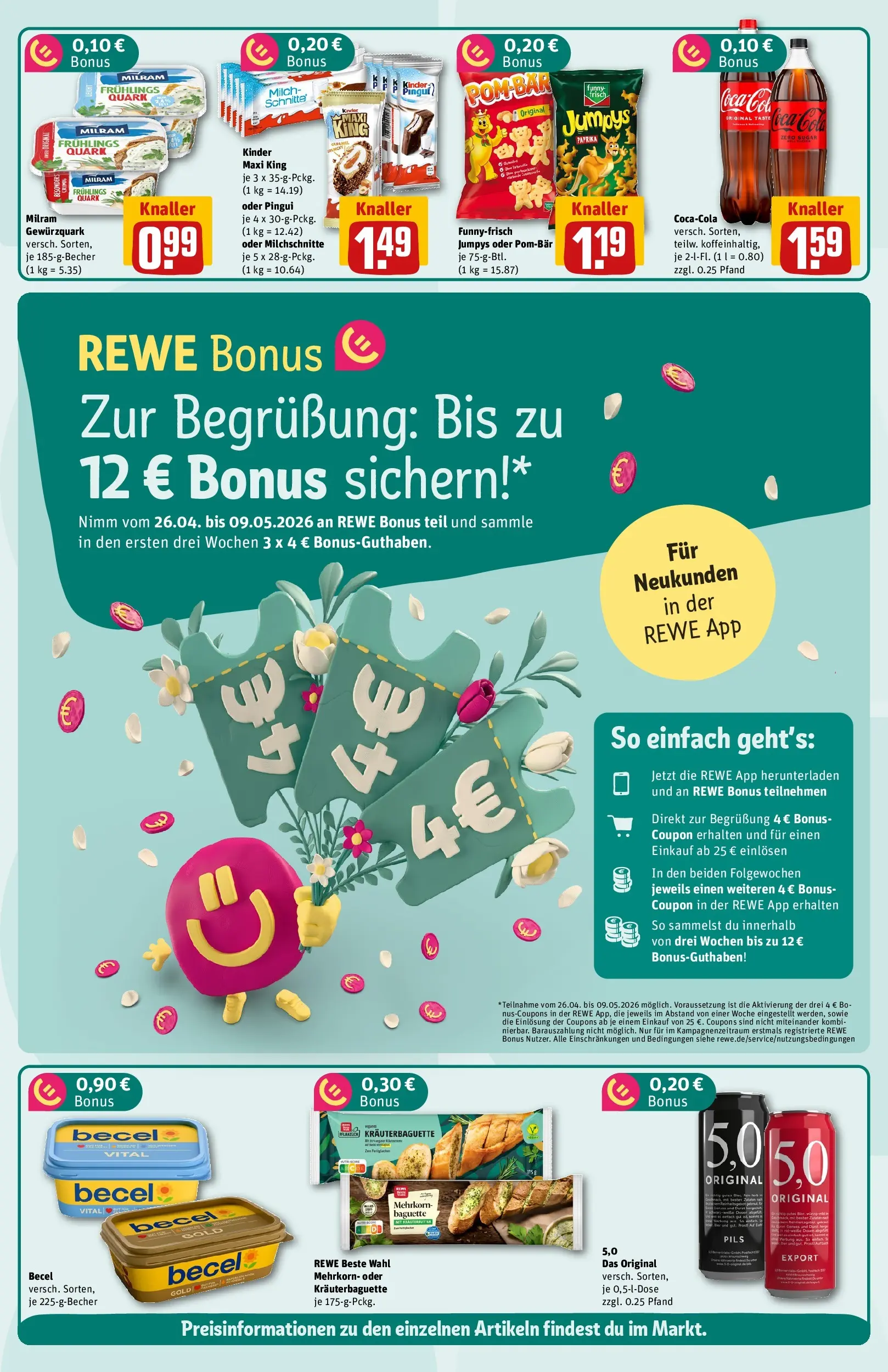 REWE Prospekt ab 27.04.2026 zum Blättern » Angebote | Seite: 2 | Produkte: Margarine, Quark, Baguette, Milram