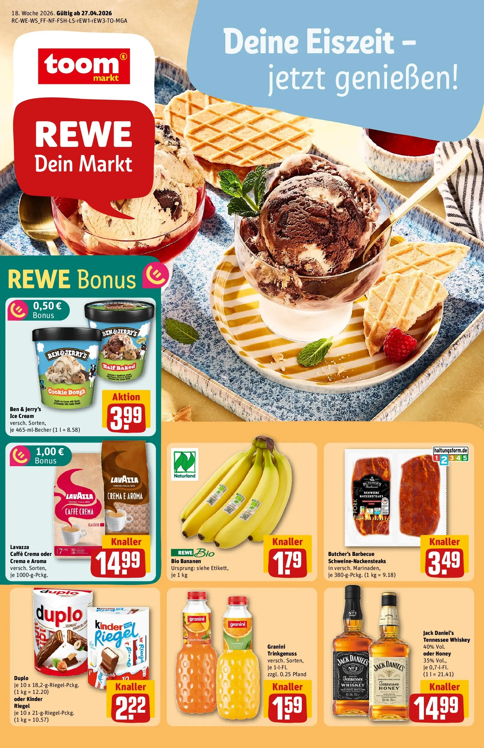 REWE Prospekt ab 27.04.2026 zum Blättern » Angebote | Seite: 1 | Produkte: Lavazza, Bananen, Ben & Jerry's, Granini