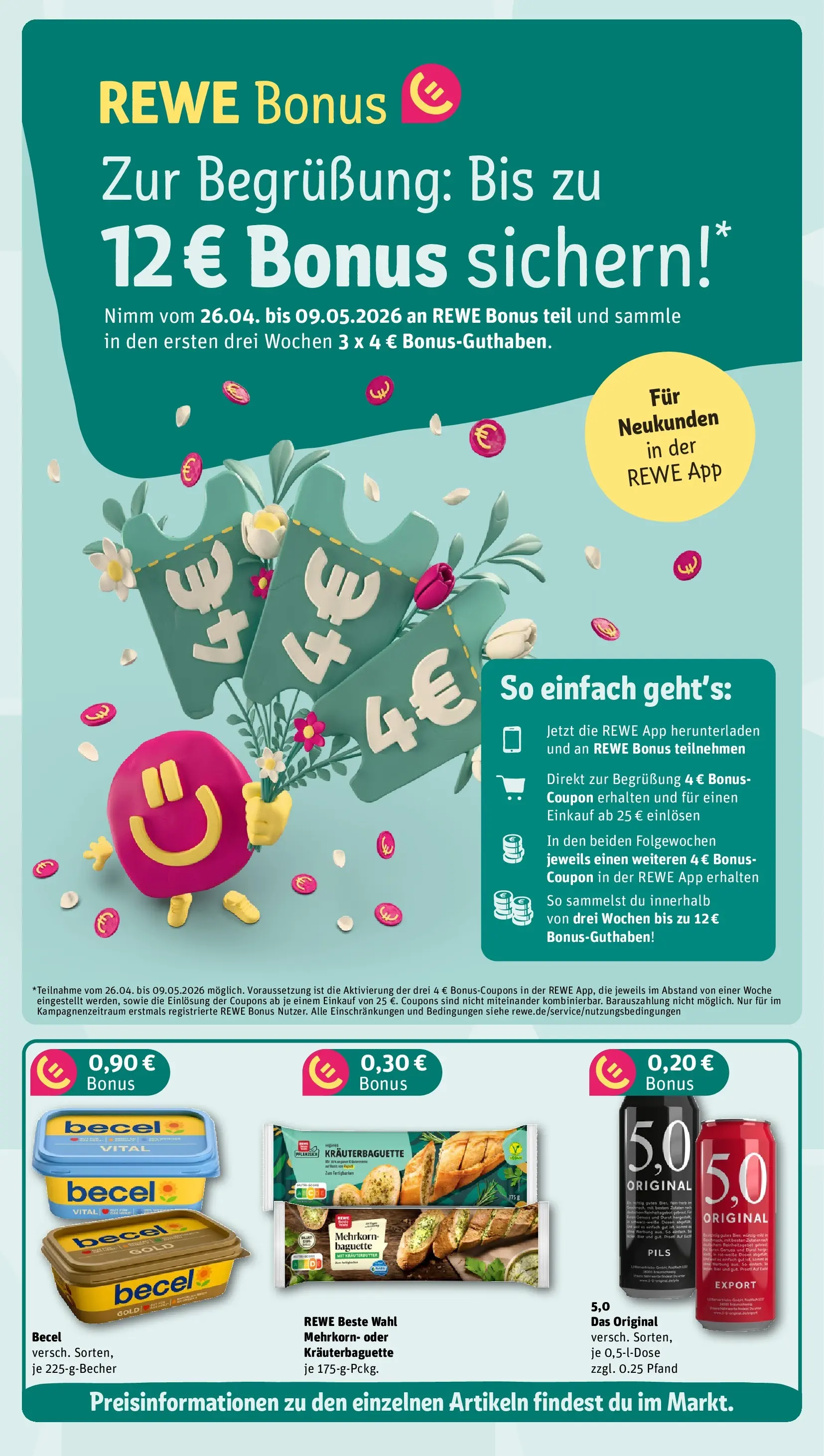 REWE Prospekt ab 27.04.2026 zum Blättern » Angebote | Seite: 3 | Produkte: Becel, Pils, Baguette