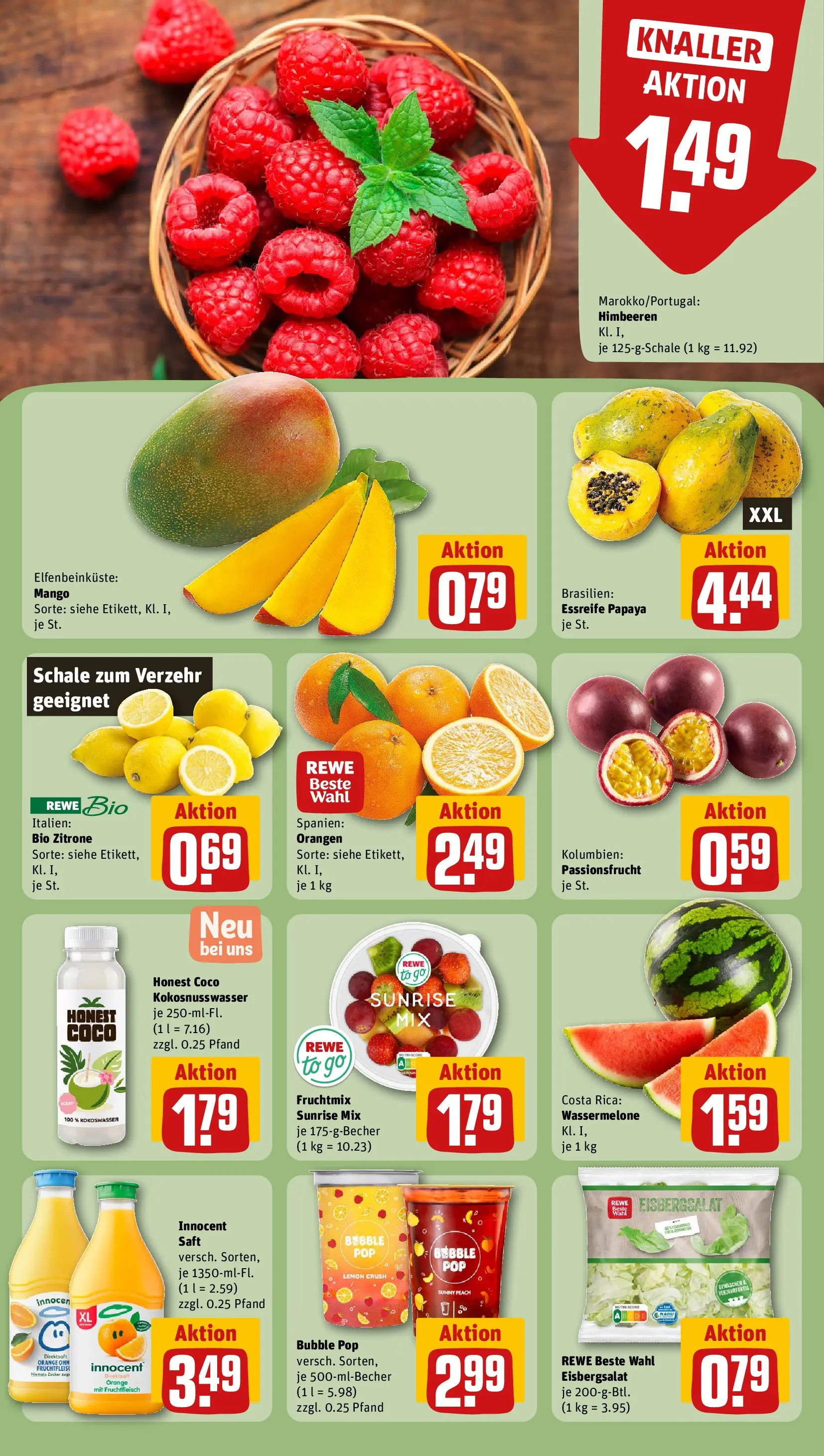 REWE Prospekt ab 27.04.2026 zum Blättern » Angebote | Seite: 6 | Produkte: Himbeeren, Eisbergsalat, Mango, Saft