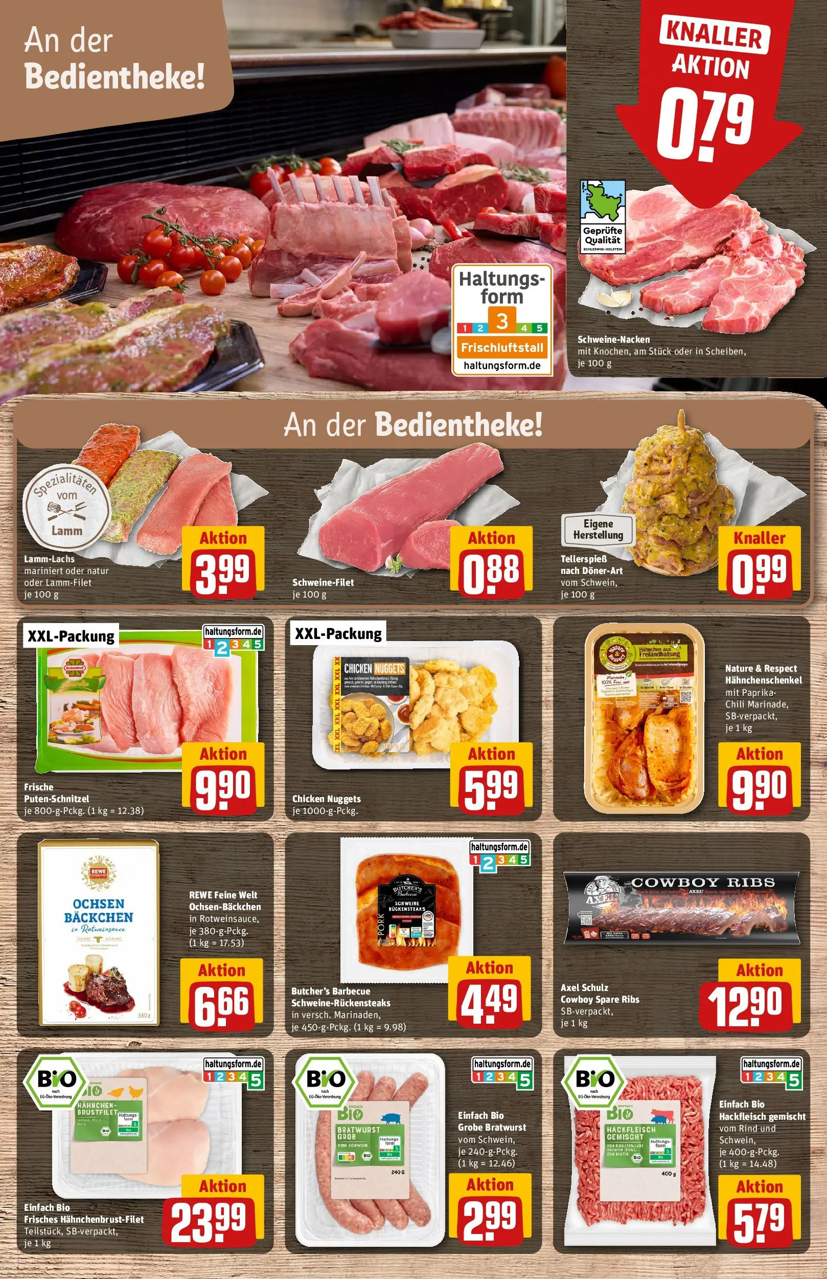 REWE Prospekt ab 27.04.2026 zum Blättern » Angebote | Seite: 9 | Produkte: Hahnchenschenkel, Schweinenacken, Putenschnitzel, Chili