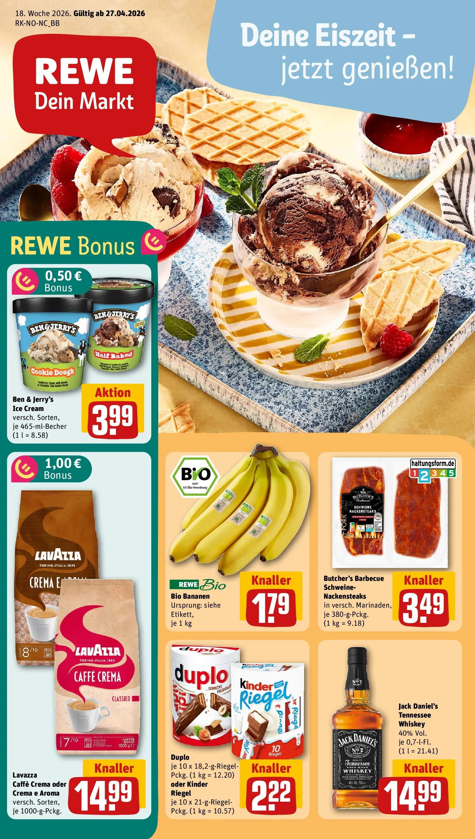 REWE Prospekt ab 27.04.2026 zum Blättern » Angebote | Seite: 1 | Produkte: Nackensteaks, Ben & Jerry's, Duplo riegel, Whiskey