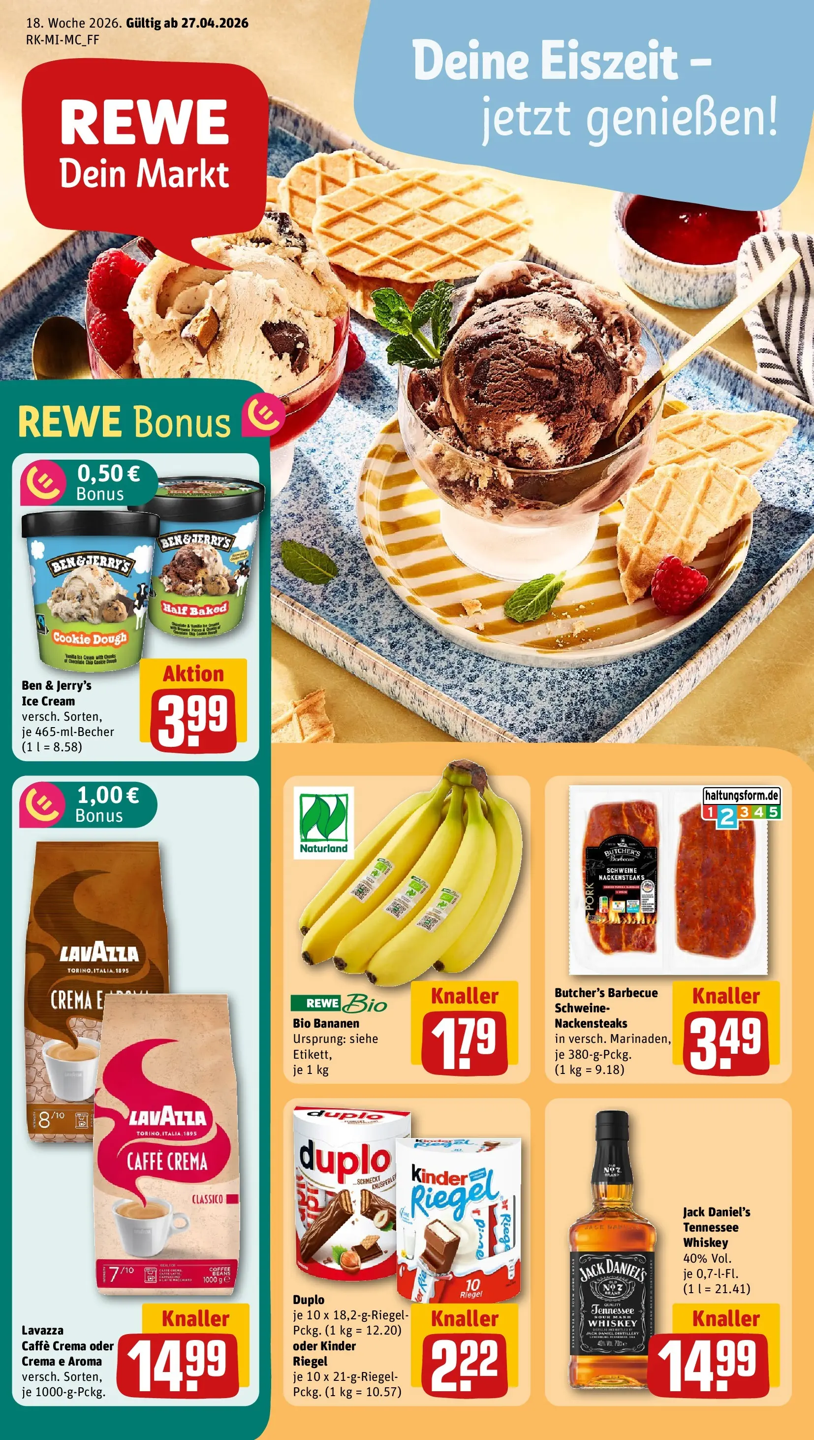 REWE Prospekt ab 27.04.2026 zum Blättern » Angebote | Seite: 1 | Produkte: Nackensteaks, Lavazza, Ben & Jerry's, Duplo riegel