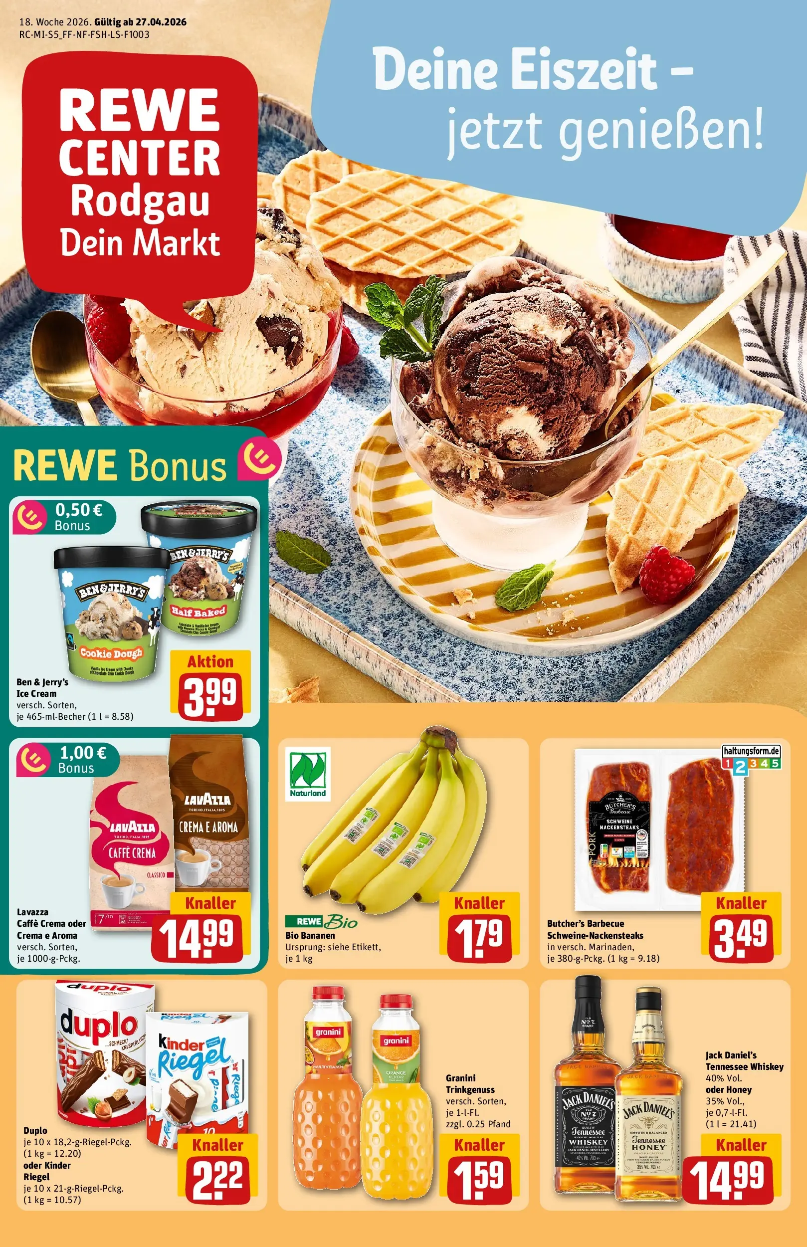 REWE Prospekt ab 27.04.2026 zum Blättern » Angebote | Seite: 1 | Produkte: Lavazza, Jack Daniel's, Granini, Whiskey