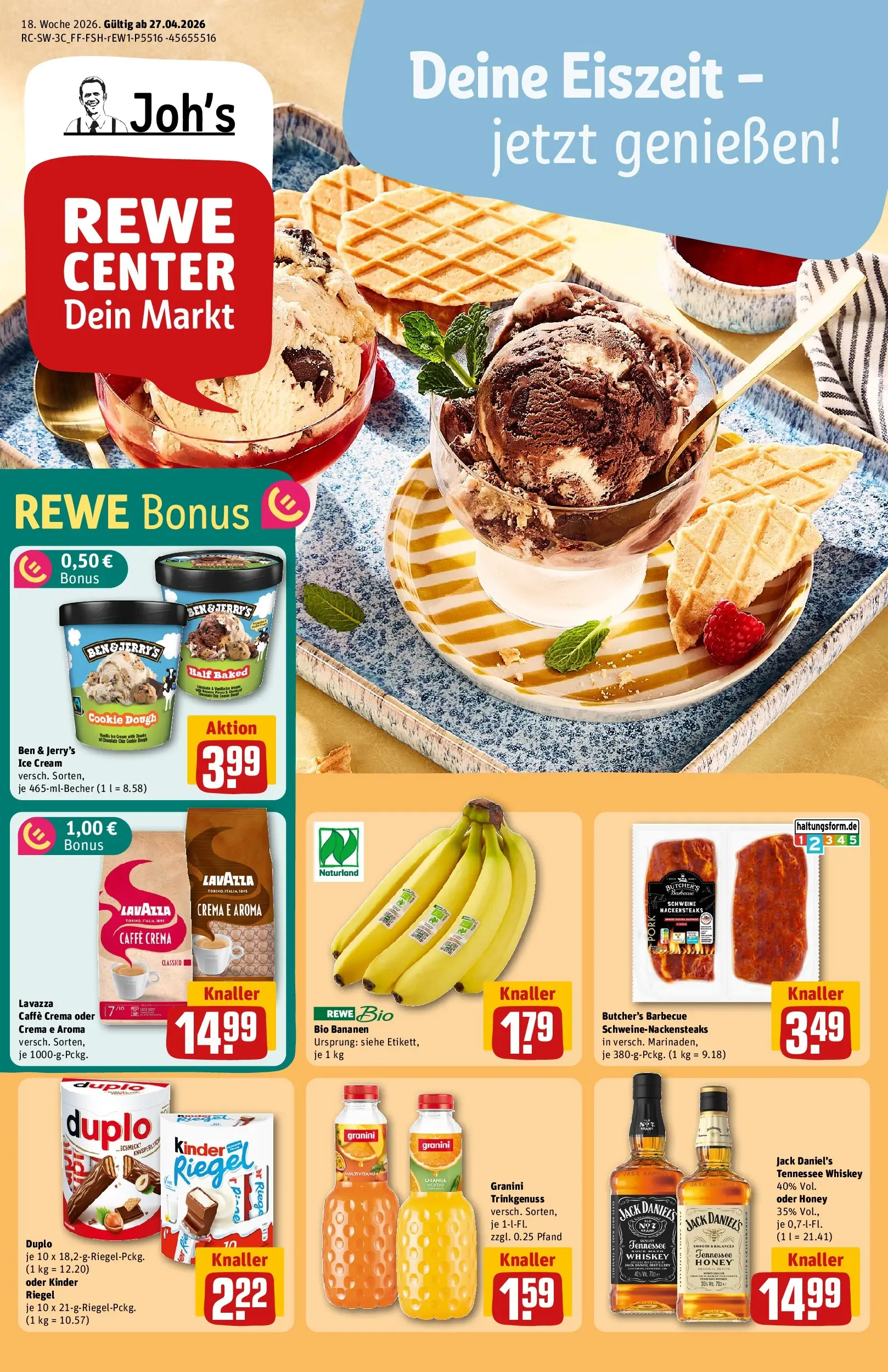 REWE Prospekt ab 27.04.2026 zum Blättern » Angebote | Seite: 1 | Produkte: Nackensteaks, Bananen, Granini, Whiskey