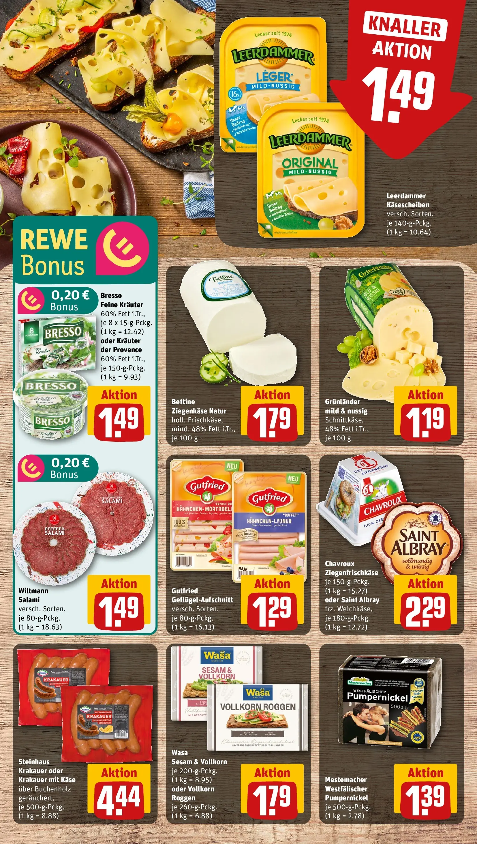 REWE Prospekt ab 27.04.2026 zum Blättern » Angebote | Seite: 9 | Produkte: Bresso, Leerdammer, Grunlander, Salami