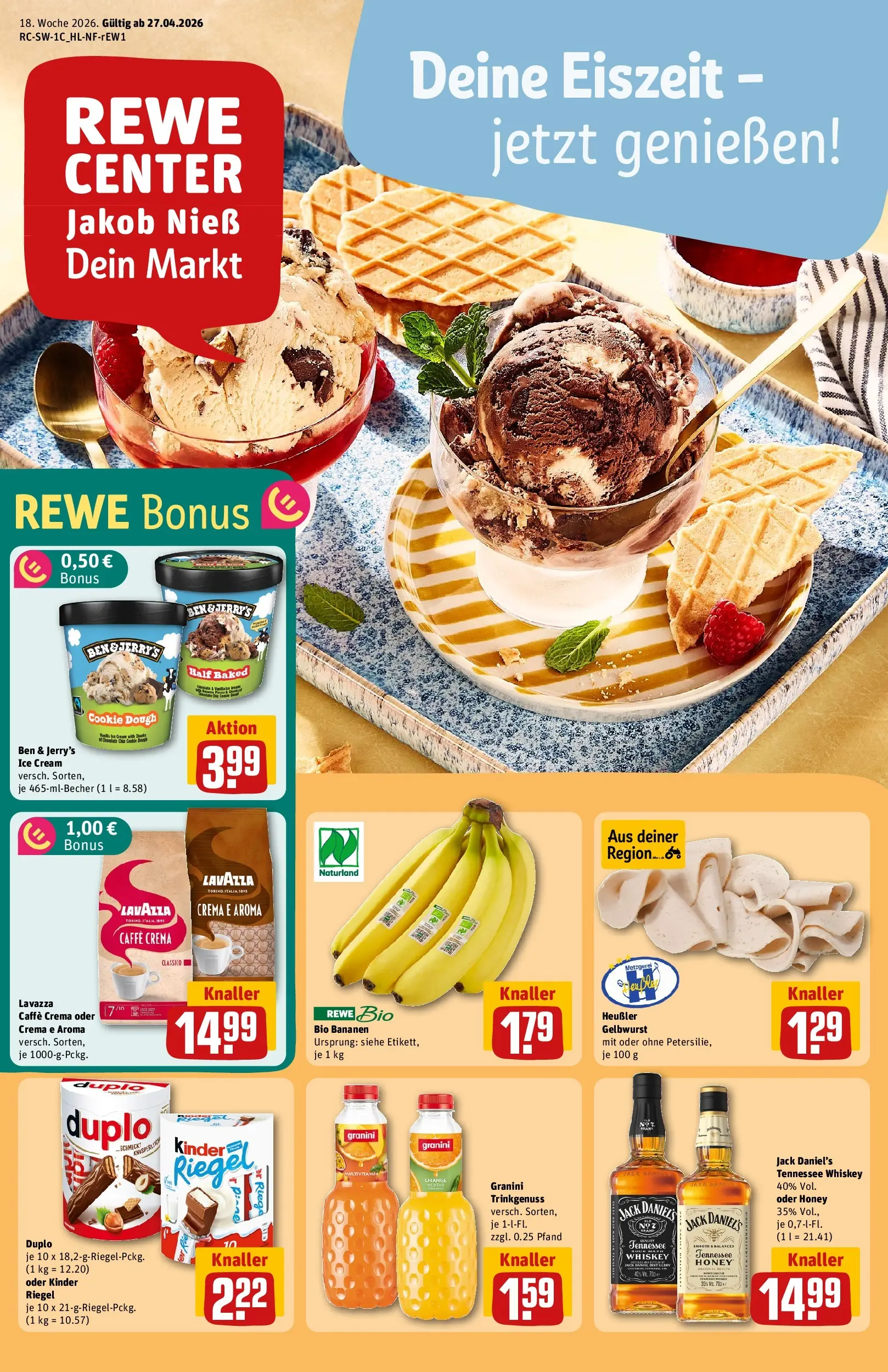 REWE Prospekt ab 27.04.2026 zum Blättern » Angebote | Seite: 1 | Produkte: Lavazza, Bananen, Ben & Jerry's, Granini