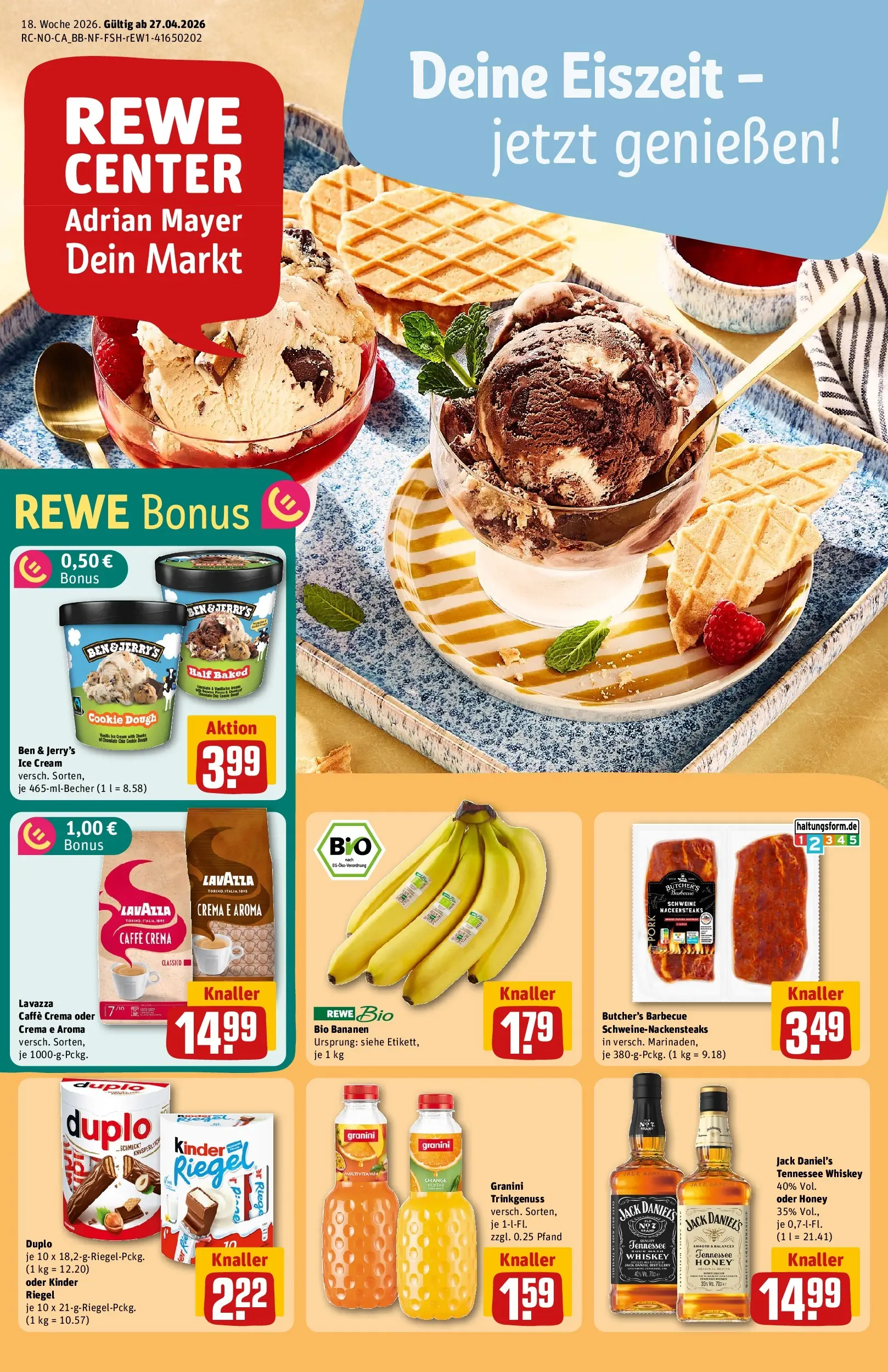 REWE Prospekt ab 27.04.2026 zum Blättern » Angebote | Seite: 1 | Produkte: Nackensteaks, Lavazza, Jack Daniel's, Whiskey