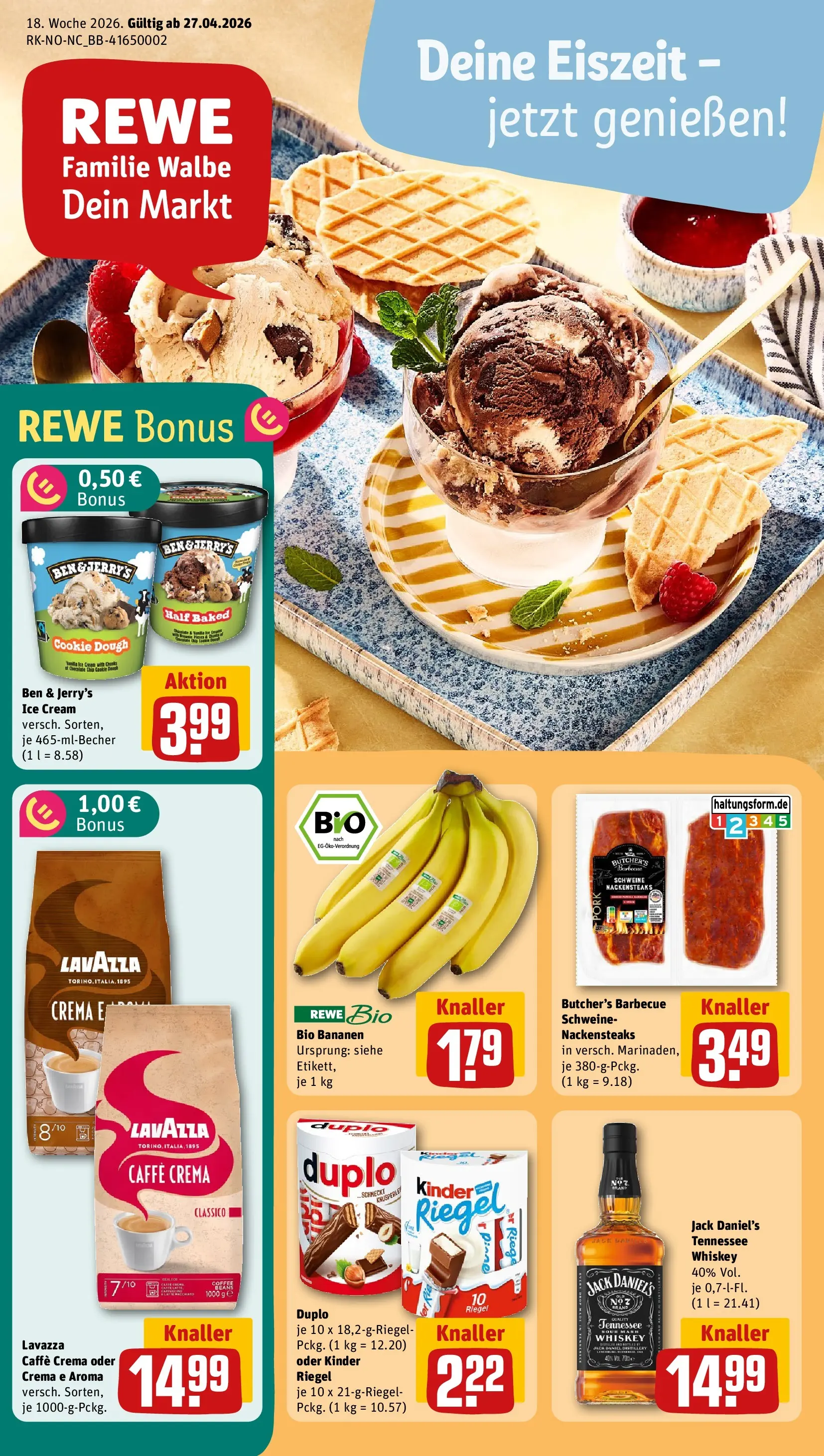 REWE Prospekt ab 27.04.2026 zum Blättern » Angebote | Seite: 1 | Produkte: Nackensteaks, Lavazza, Jack Daniel's, Ben & Jerry's