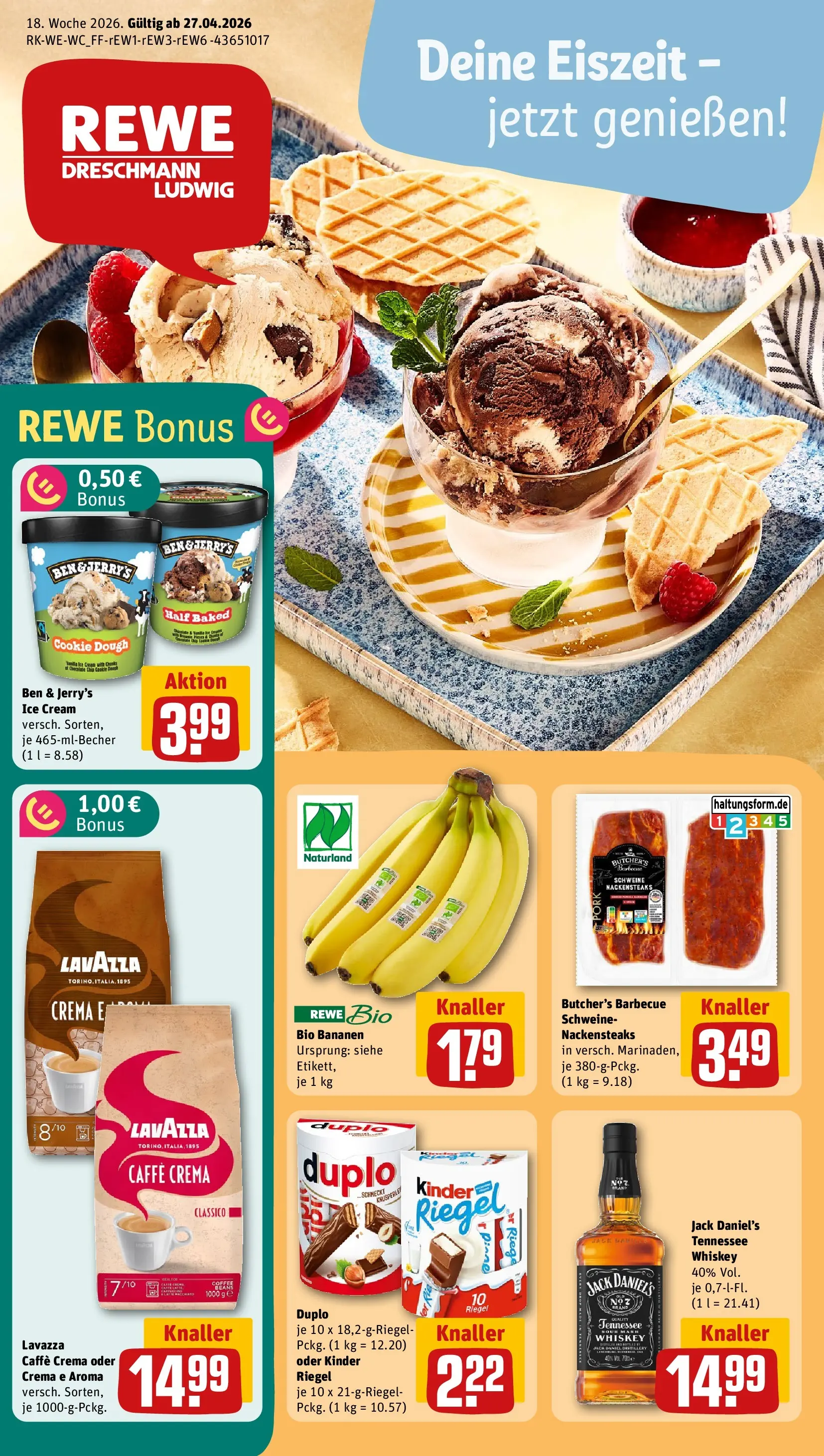 REWE Prospekt ab 27.04.2026 zum Blättern » Angebote | Seite: 1 | Produkte: Nackensteaks, Jack Daniel's, Kinder riegel, Ben & Jerry's