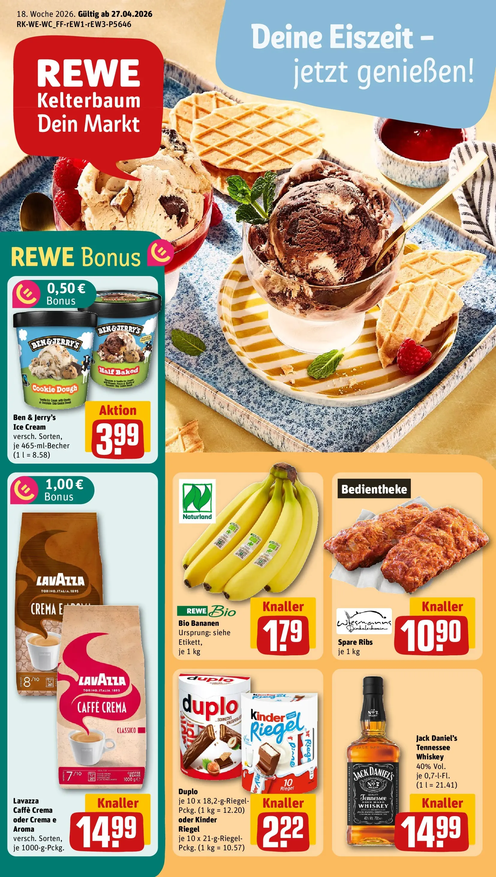 REWE Prospekt ab 27.04.2026 zum Blättern » Angebote | Seite: 1 | Produkte: Bananen, Kinder riegel, Duplo riegel, Whiskey