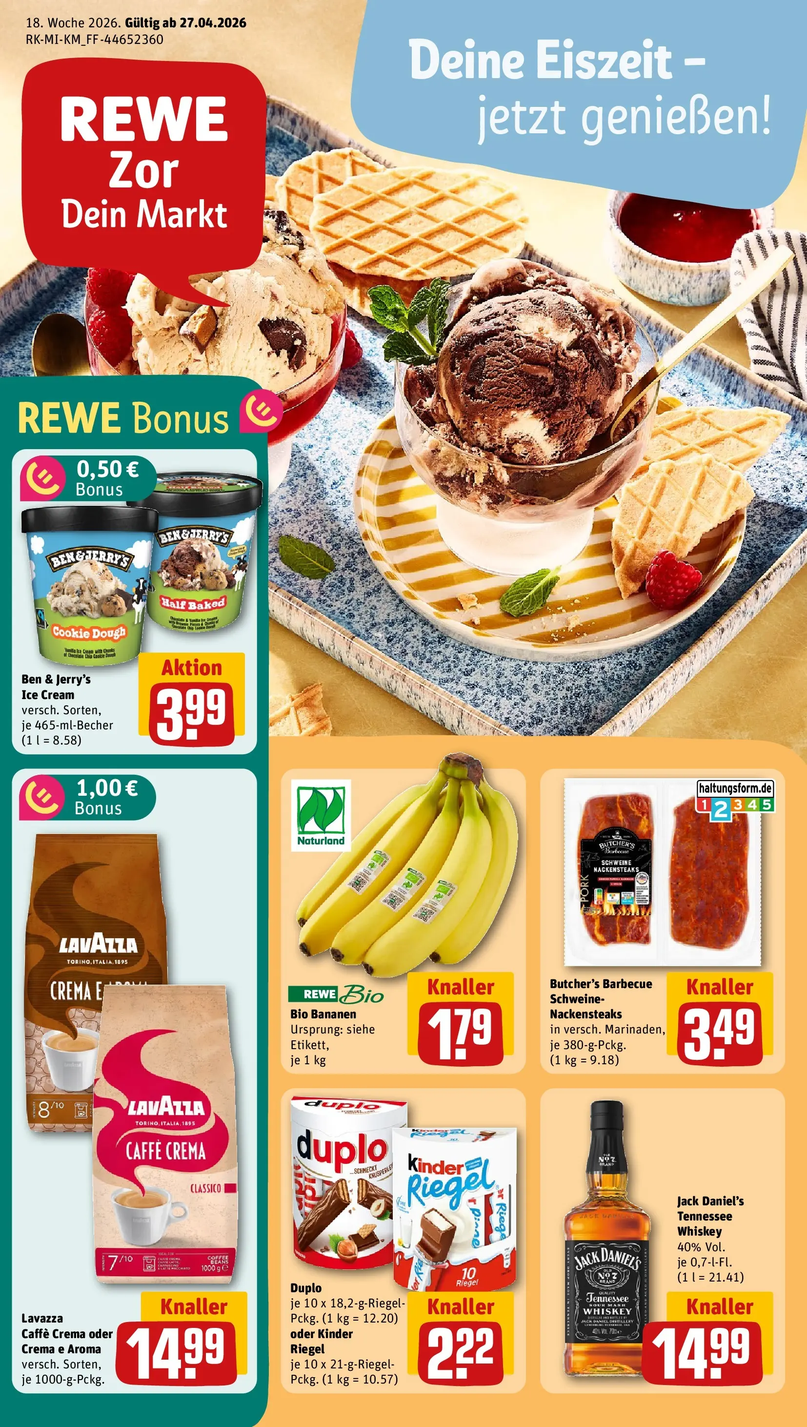 REWE Prospekt ab 27.04.2026 zum Blättern » Angebote | Seite: 1 | Produkte: Nackensteaks, Bananen, Jack Daniel's, Steak
