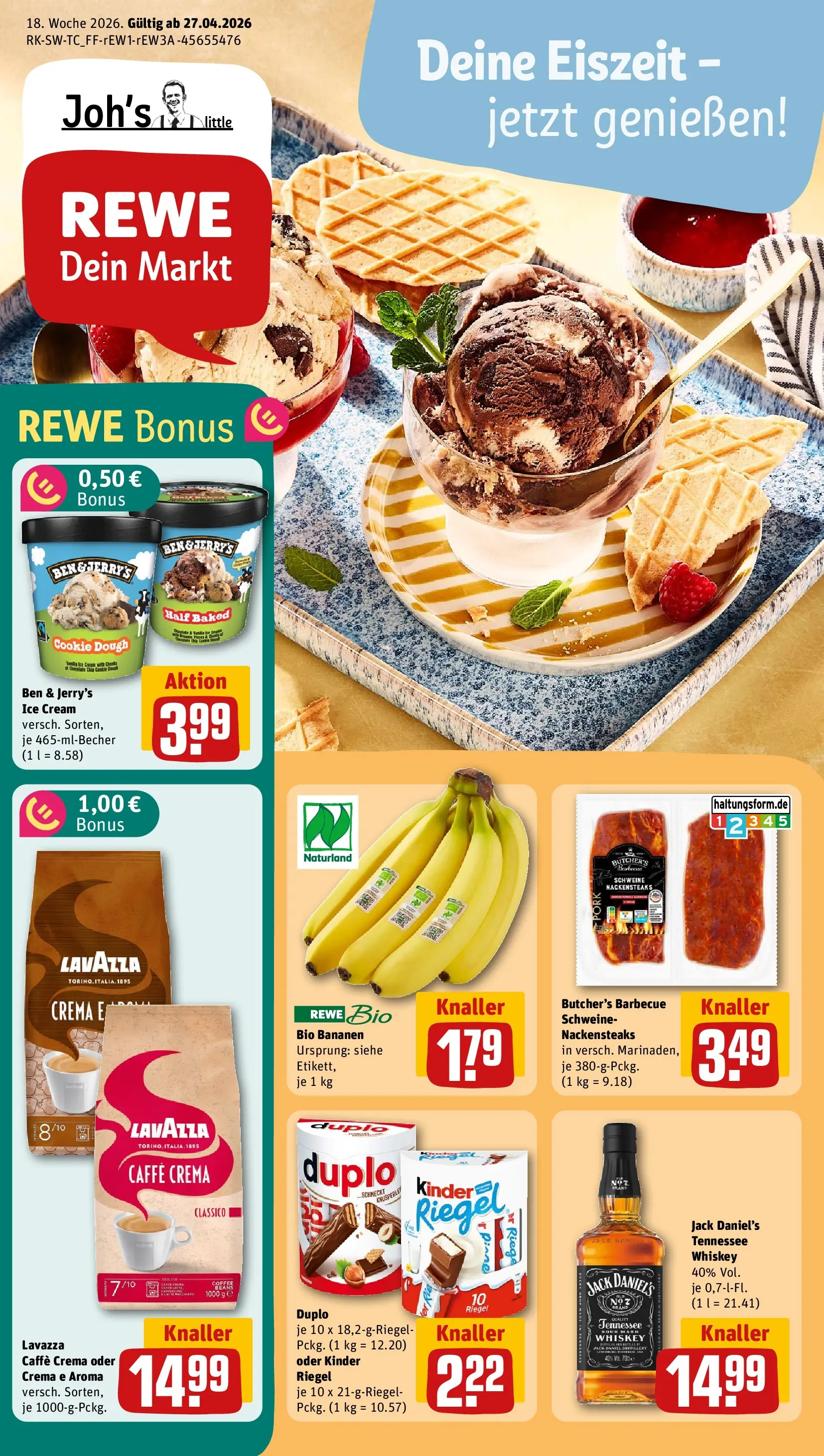 REWE Prospekt ab 27.04.2026 zum Blättern » Angebote | Seite: 1 | Produkte: Bananen, Jack Daniel's, Kinder riegel, Ben & Jerry's