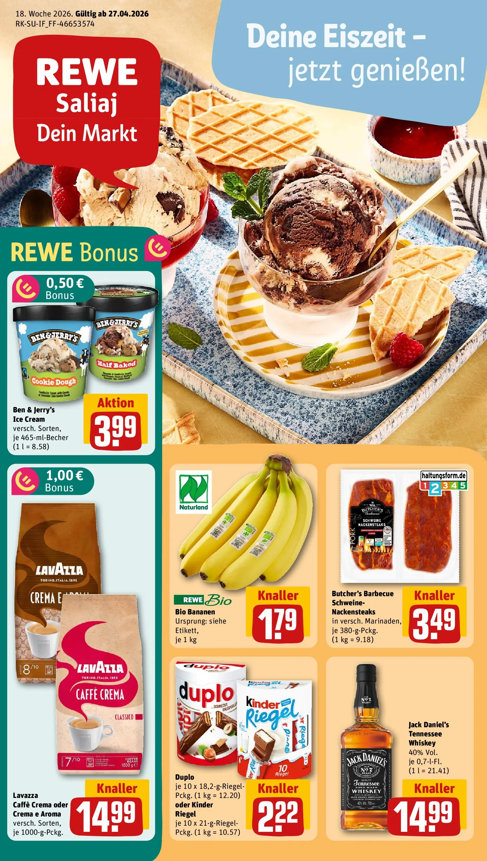 REWE Prospekt ab 27.04.2026 zum Blättern » Angebote | Seite: 1 | Produkte: Nackensteaks, Lavazza, Bananen, Kinder riegel