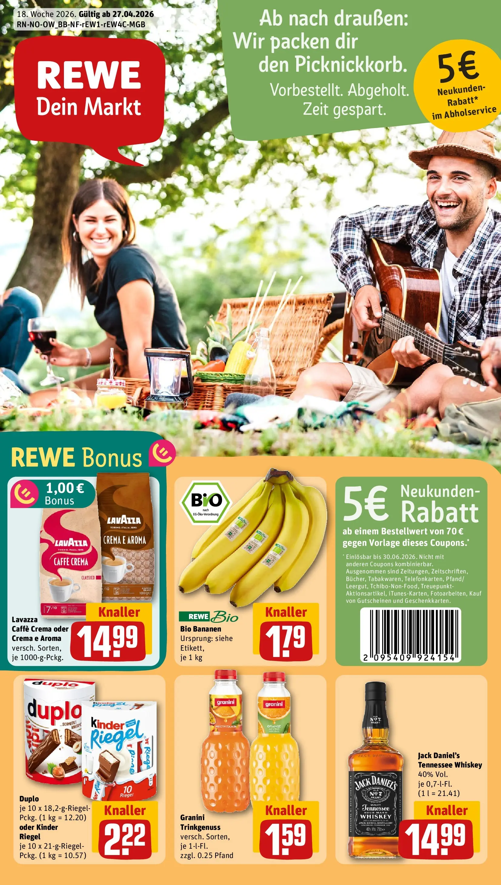 REWE Prospekt ab 27.04.2026 zum Blättern » Angebote | Seite: 1 | Produkte: Bananen, Kinder riegel, Granini, Whiskey