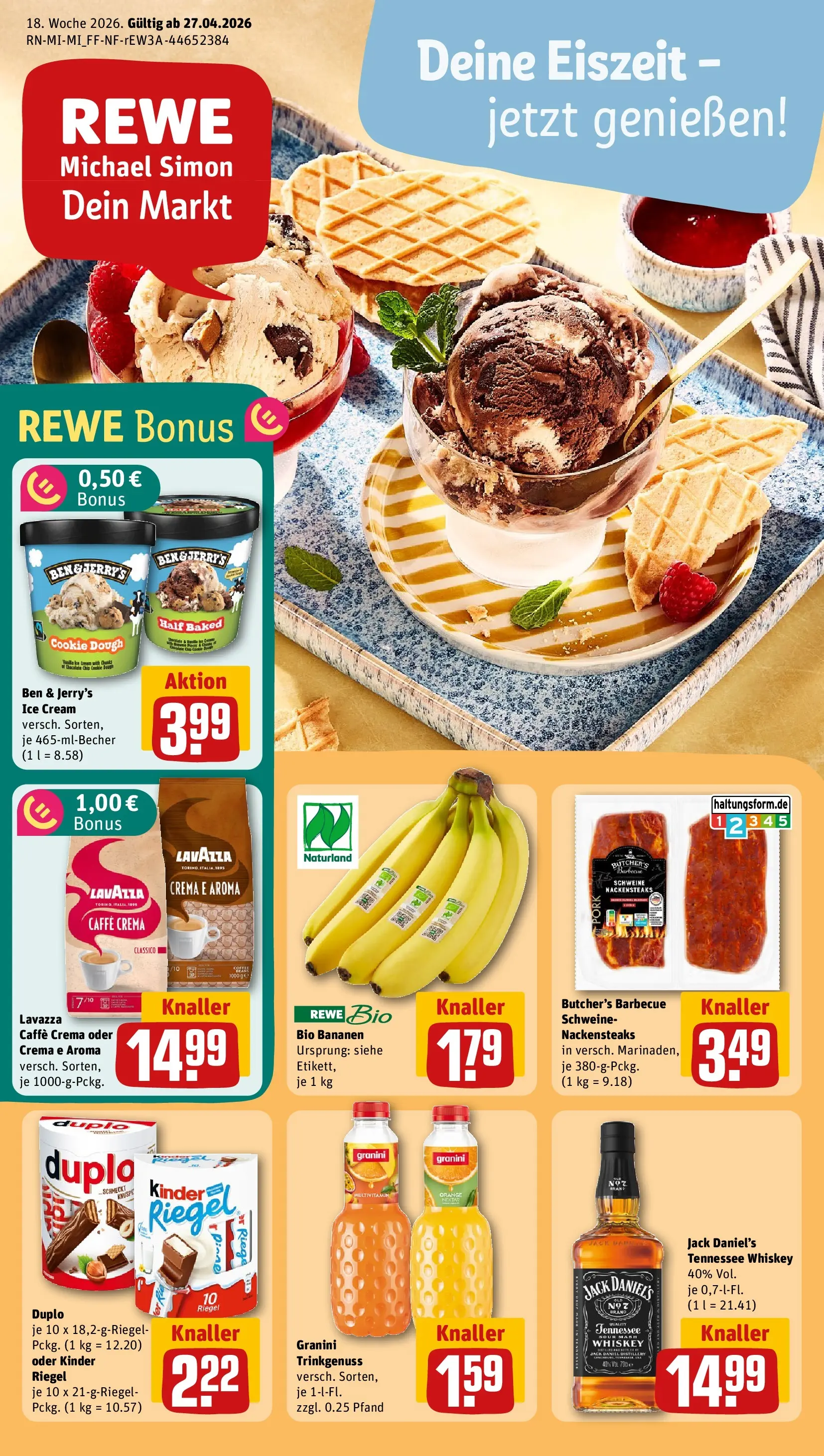 REWE Prospekt ab 27.04.2026 zum Blättern » Angebote | Seite: 1 | Produkte: Nackensteaks, Lavazza, Bananen, Duplo riegel