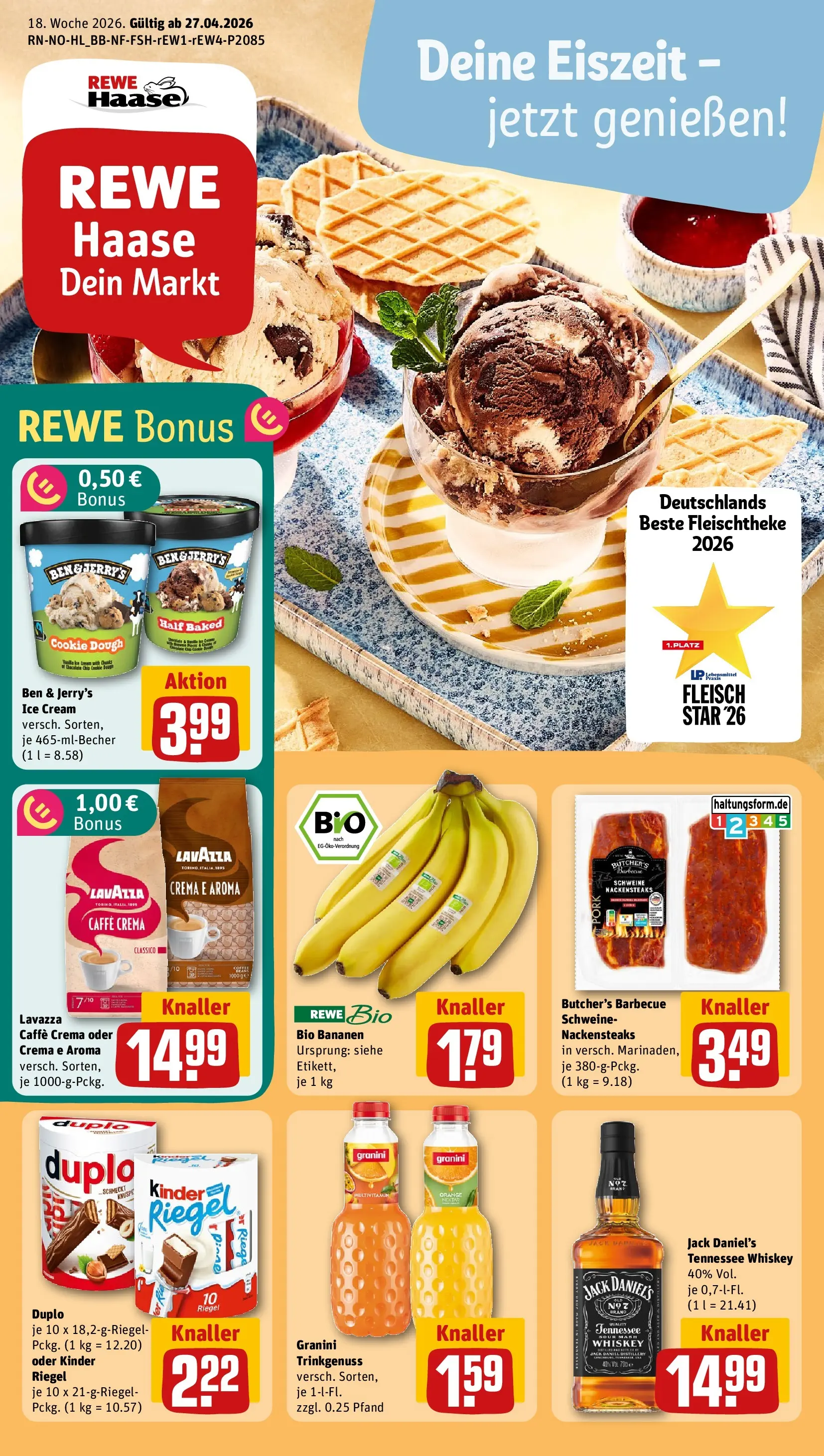 REWE Prospekt ab 27.04.2026 zum Blättern » Angebote | Seite: 1 | Produkte: Nackensteaks, Lavazza, Jack Daniel's, Duplo riegel