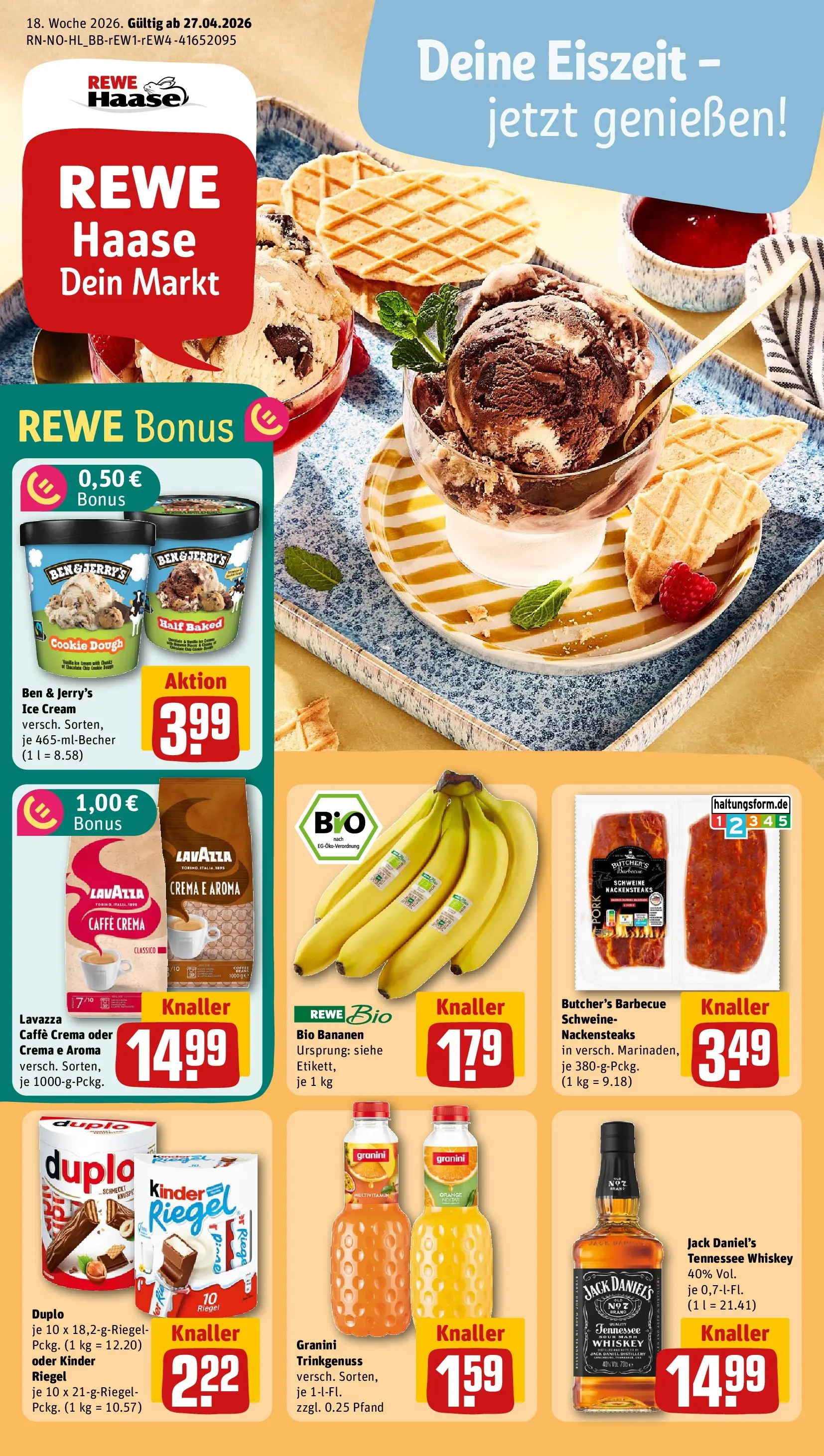 REWE Prospekt ab 27.04.2026 zum Blättern » Angebote | Seite: 1 | Produkte: Lavazza, Granini, Duplo riegel, Whiskey