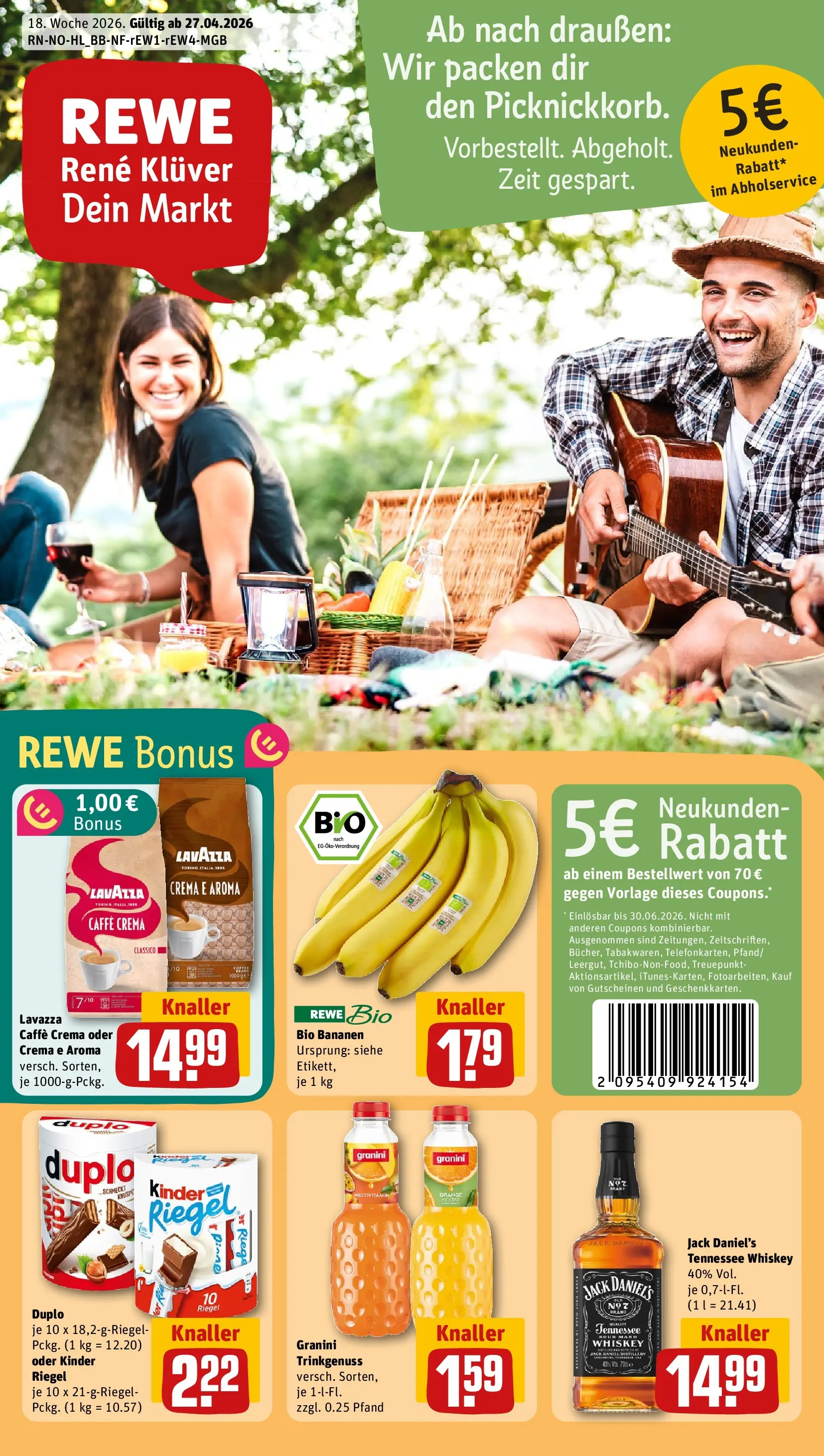 REWE Prospekt ab 27.04.2026 zum Blättern » Angebote | Seite: 1 | Produkte: Lavazza, Bananen, Jack Daniel's, Whiskey
