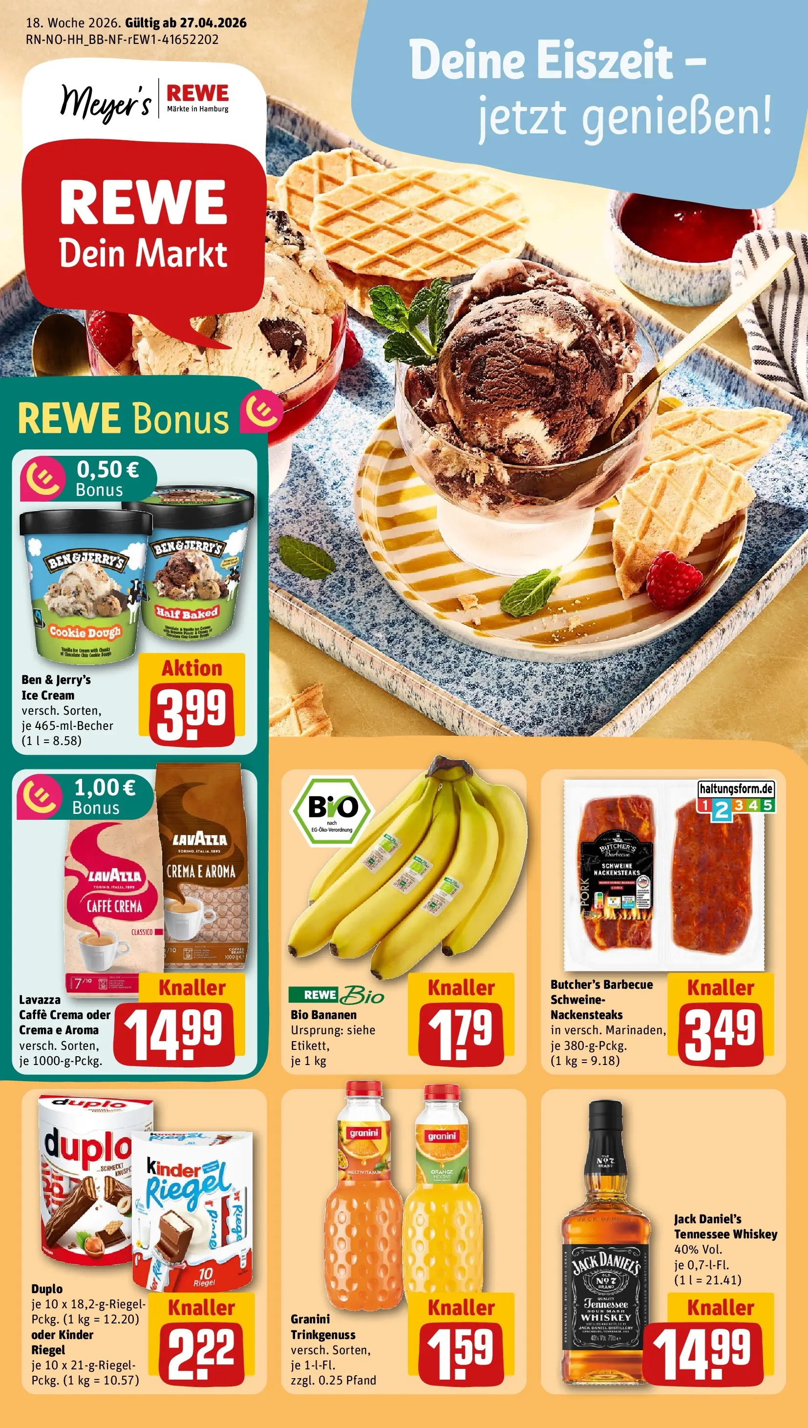 REWE Prospekt ab 27.04.2026 zum Blättern » Angebote | Seite: 1 | Produkte: Jack Daniel's, Ben & Jerry's, Granini, Whiskey