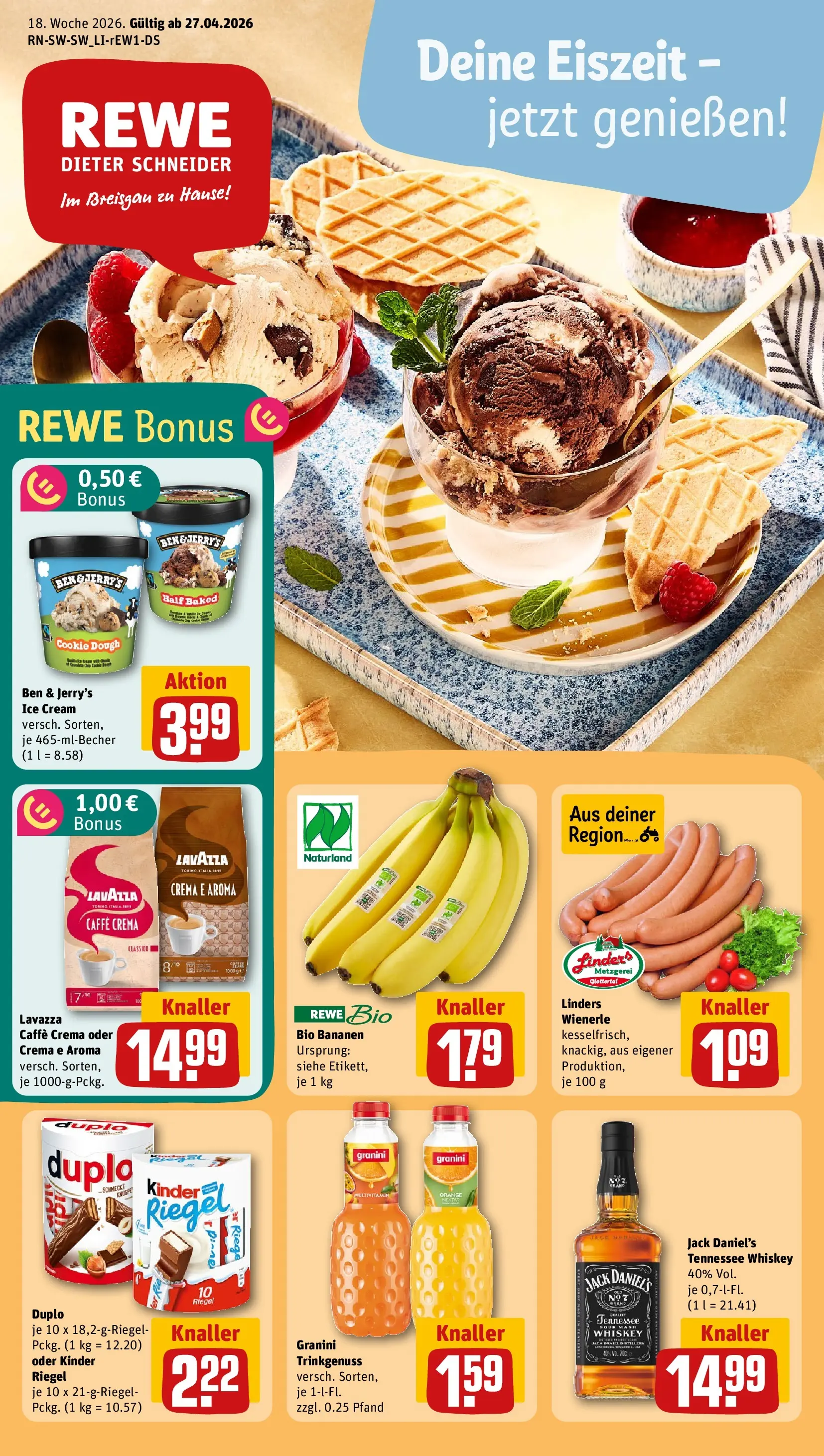 REWE Prospekt ab 27.04.2026 zum Blättern » Angebote | Seite: 1 | Produkte: Lavazza, Jack Daniel's, Granini, Whiskey