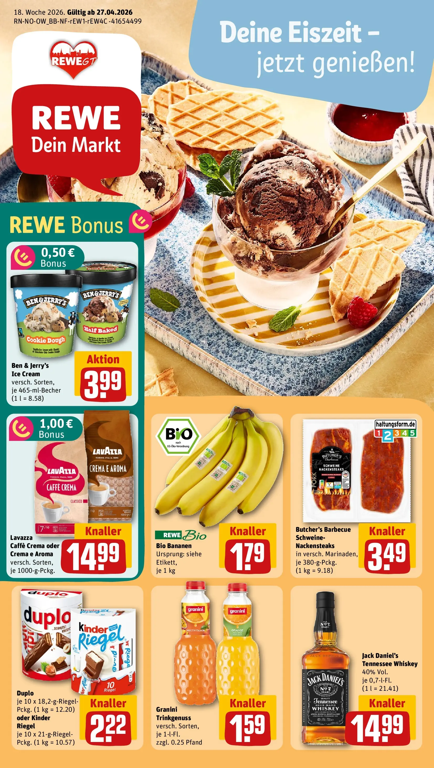 REWE Prospekt ab 27.04.2026 zum Blättern » Angebote | Seite: 1 | Produkte: Nackensteaks, Lavazza, Bananen, Granini