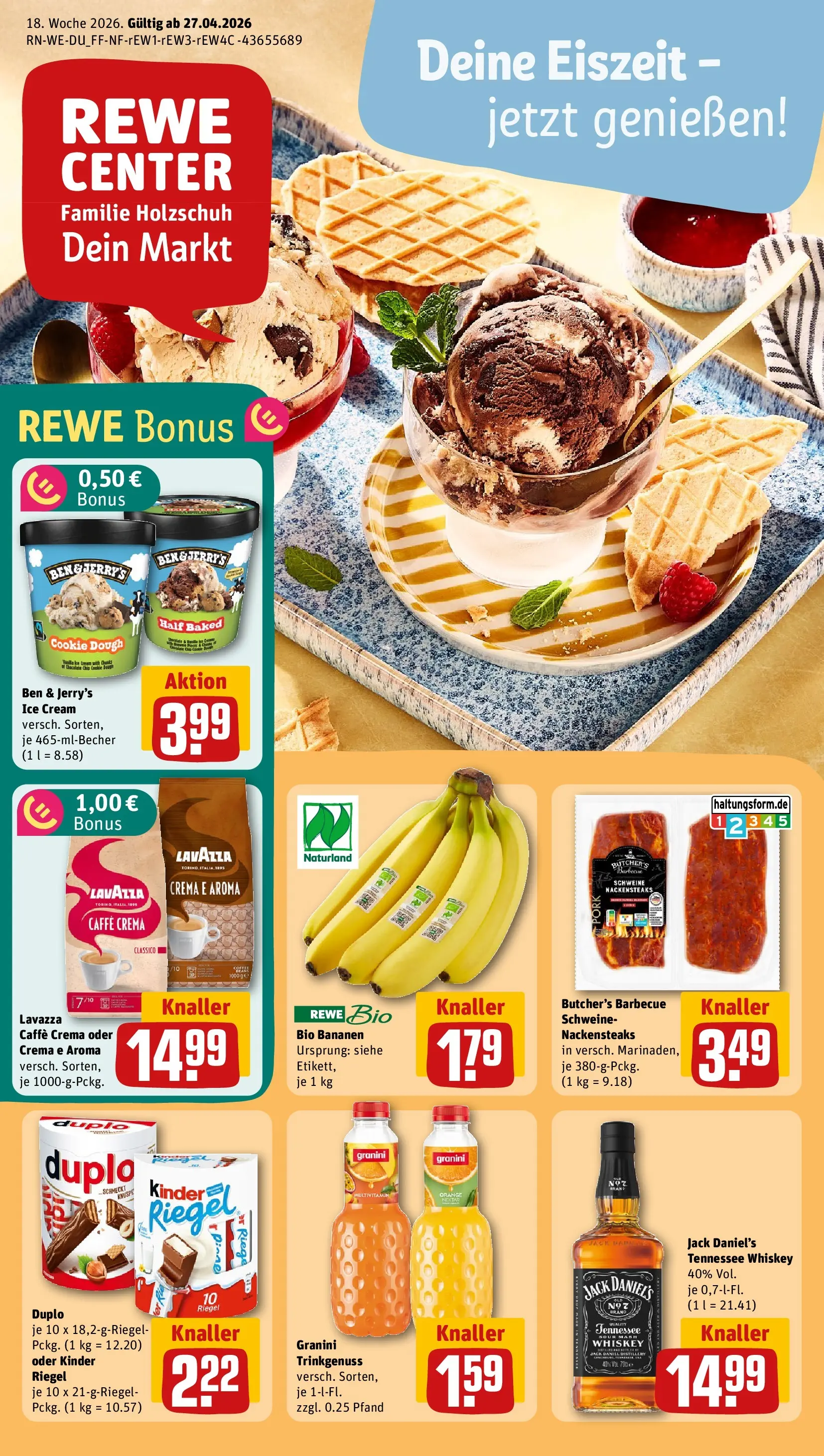 REWE Prospekt ab 27.04.2026 zum Blättern » Angebote | Seite: 1 | Produkte: Nackensteaks, Kinder riegel, Duplo riegel, Whiskey