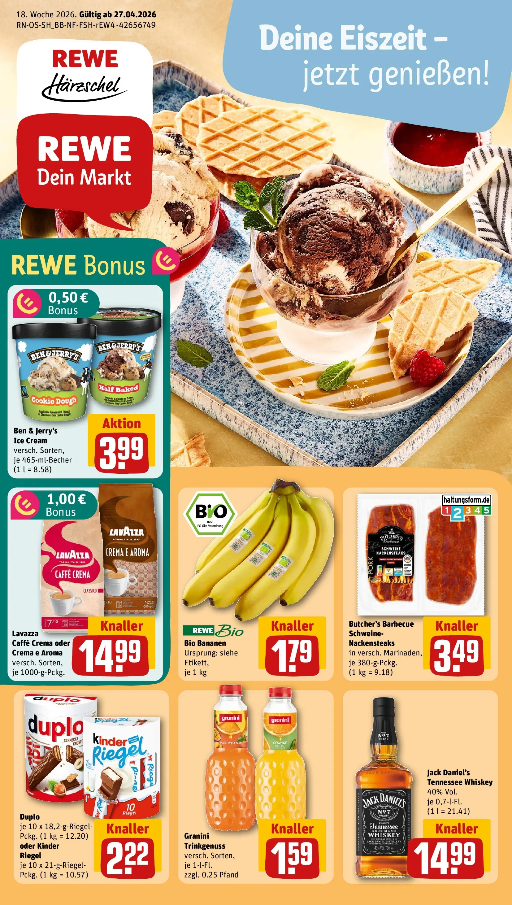 REWE Prospekt ab 27.04.2026 zum Blättern » Angebote | Seite: 1 | Produkte: Nackensteaks, Kinder riegel, Ben & Jerry's, Whiskey