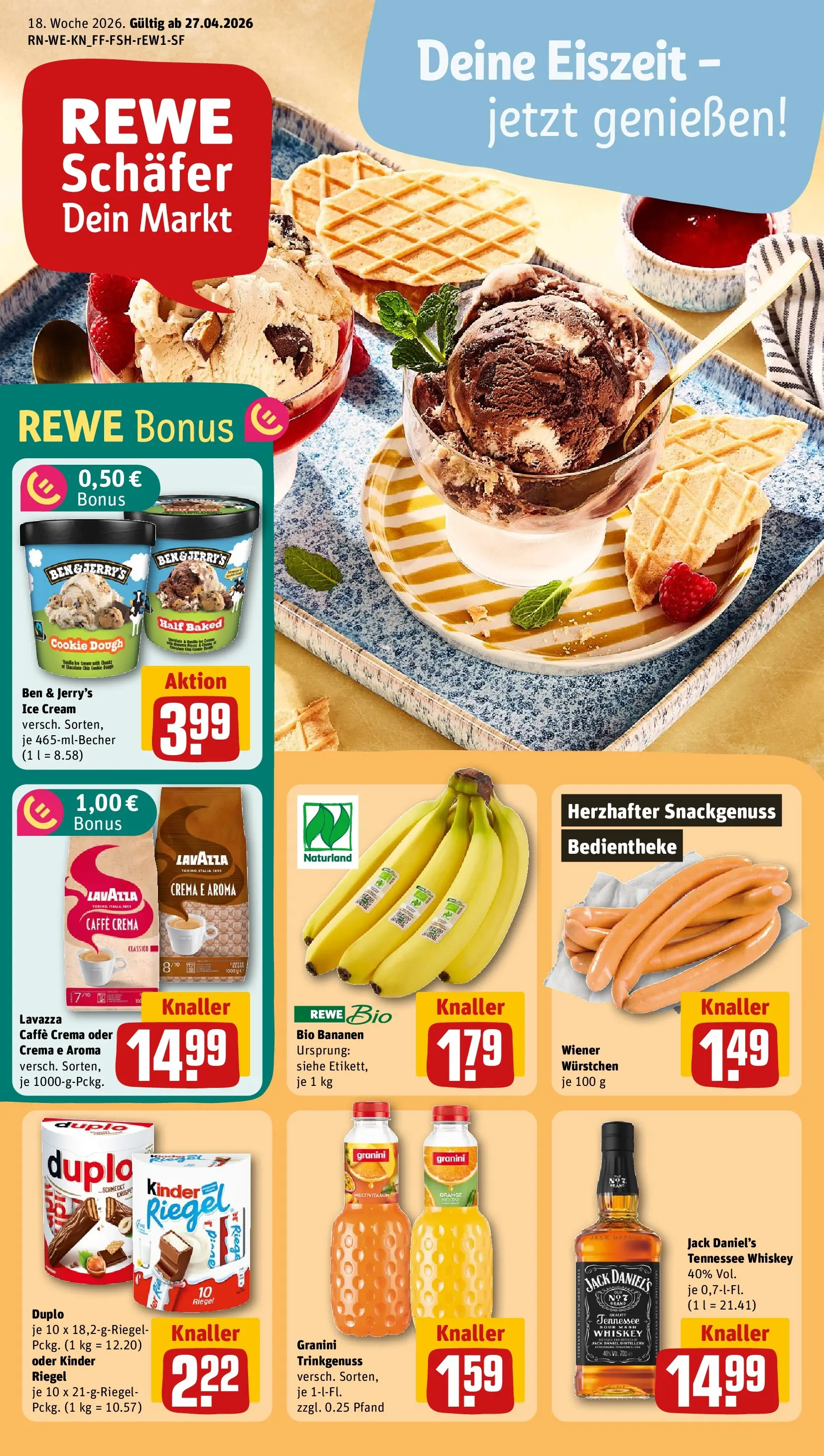 REWE Prospekt ab 27.04.2026 zum Blättern » Angebote | Seite: 1 | Produkte: Lavazza, Bananen, Jack Daniel's, Ben & Jerry's