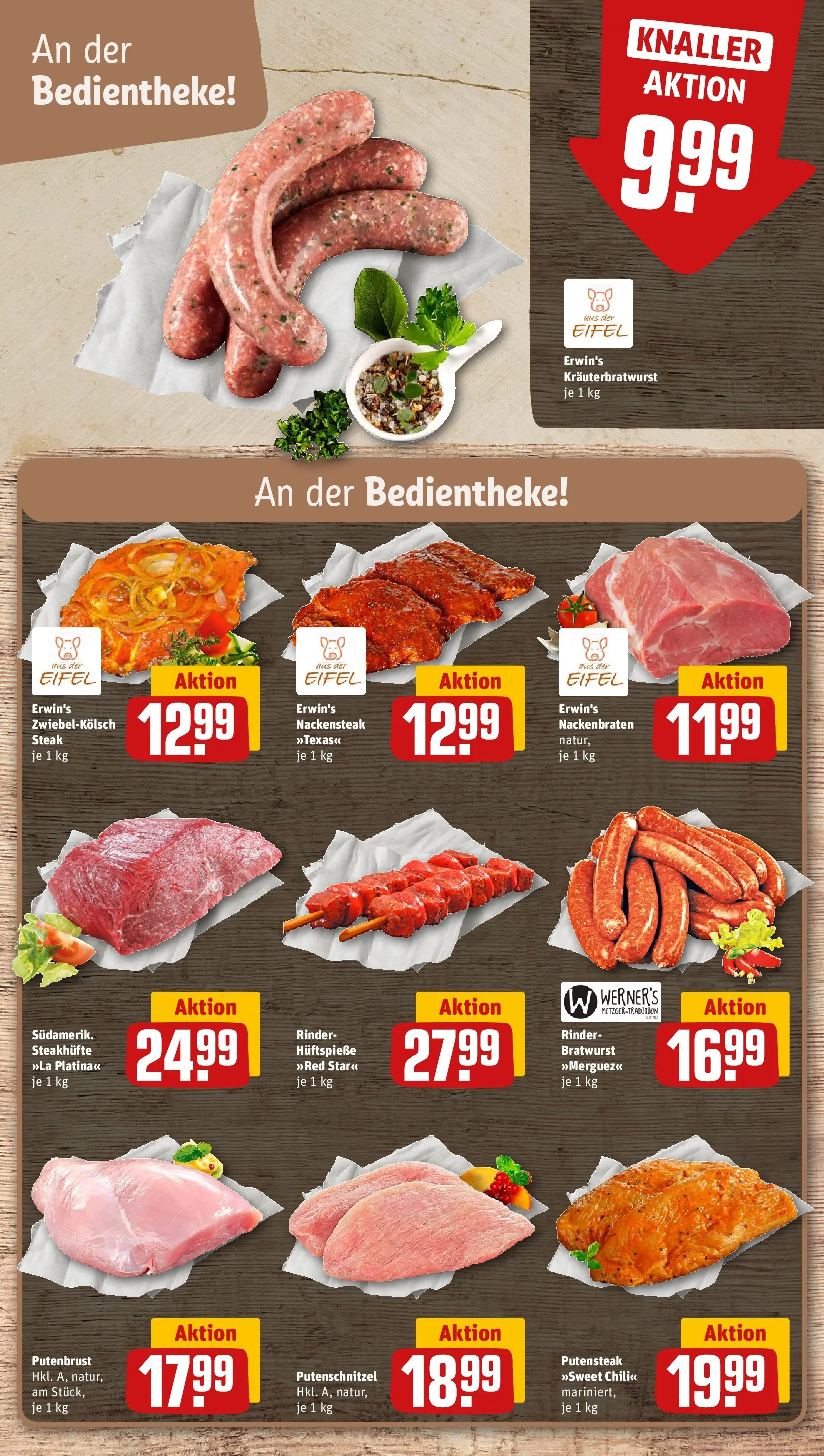 REWE Prospekt ab 27.04.2026 zum Blättern » Angebote | Seite: 8 | Produkte: Bratwurst, Putenschnitzel, Chili, Steak